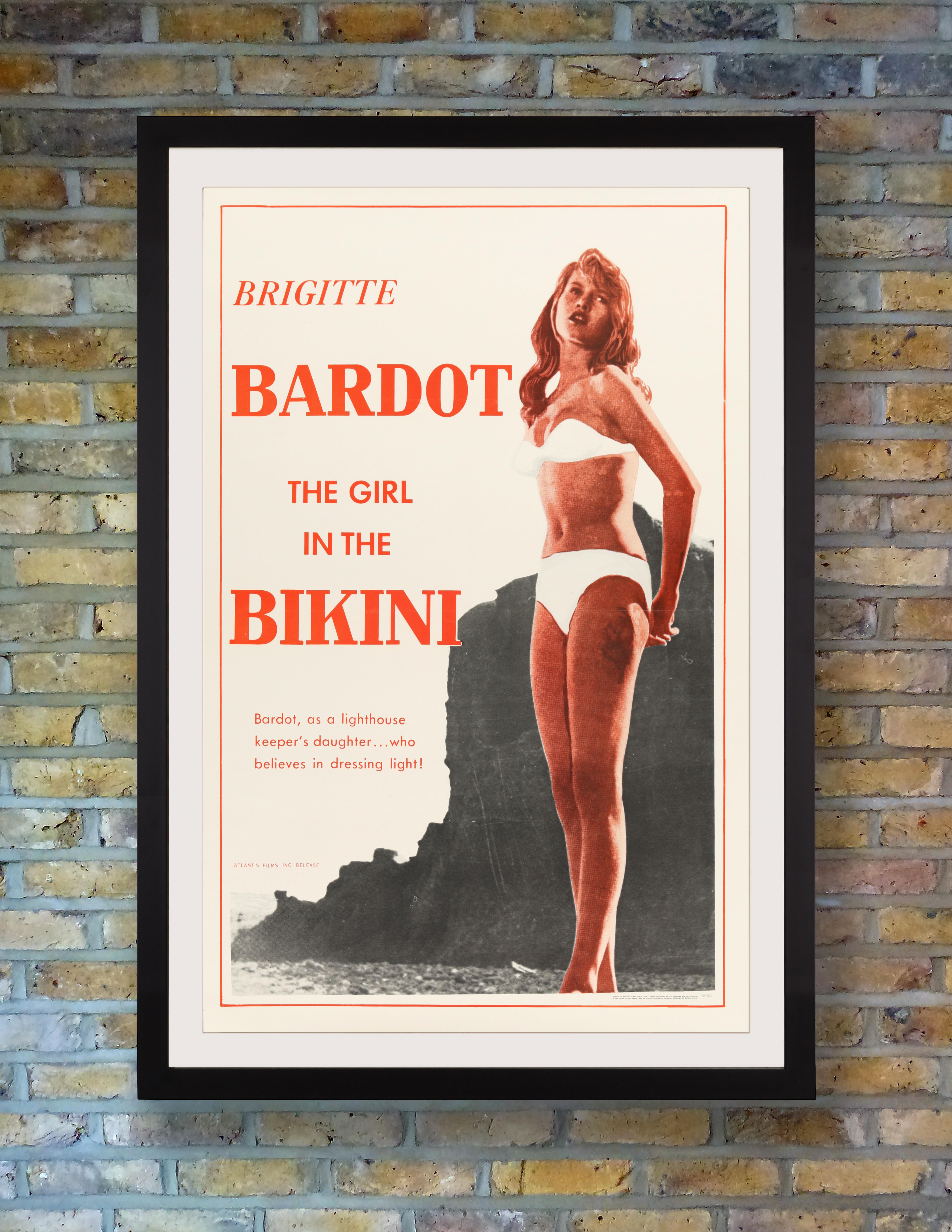 Utilising a posterised film still of a fresh-faced seventeen-year-old Brigitte Bardot frolicking on a rocky Corsican shore, this scarce US One Sheet for the 1958 American release of 'The Girl in the Bikini,' flaunted the stunning young starlet in
