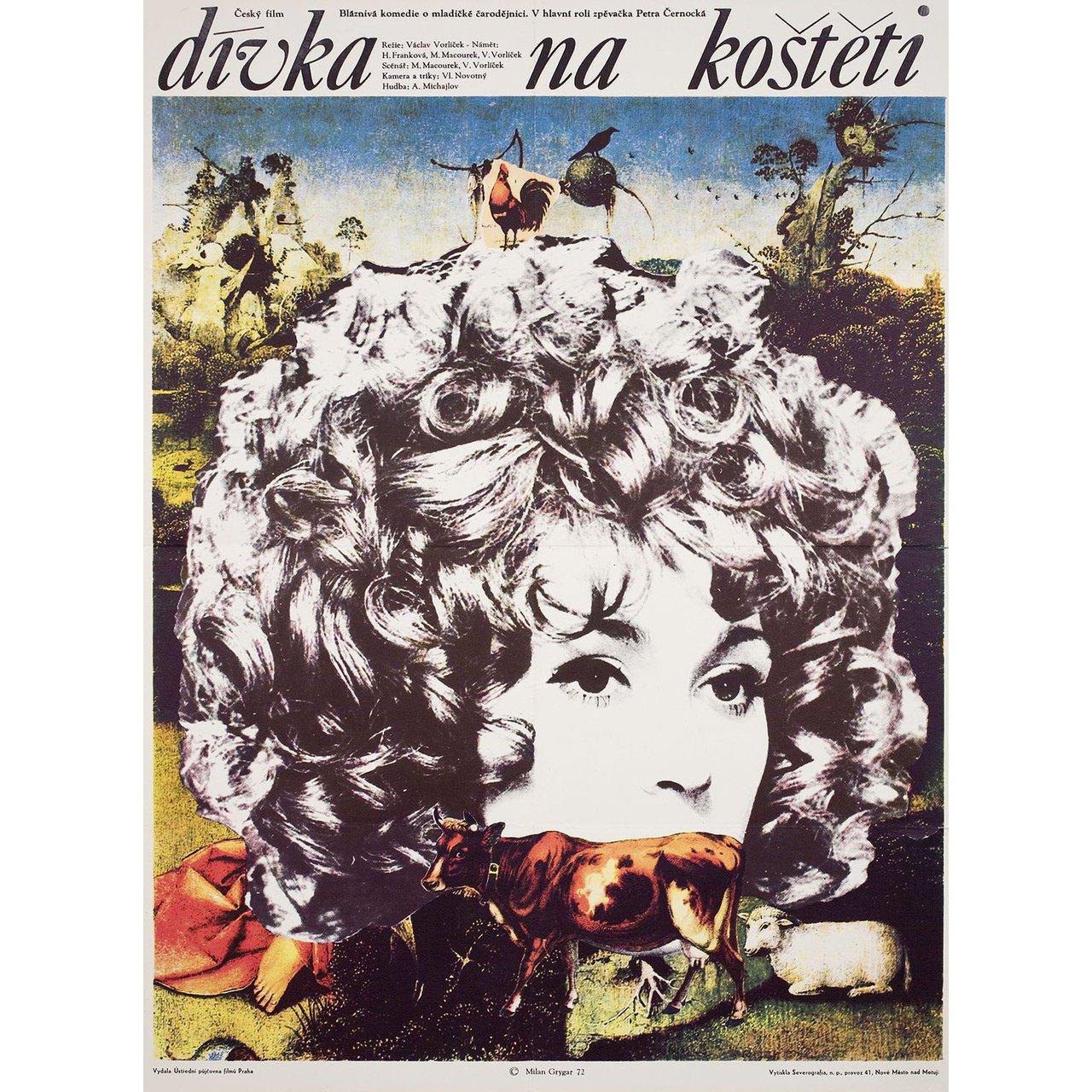 Original 1972 Czech A1 poster by Milan Grygar for the film ‘The Girl on the Broomstick’ (Divka na kosteti) directed by Vaclav Vorlicek with Petra Cernocka / Jan Hrusinsky / Jan Kraus / Vlastimil Zavrel. Very good-fine condition, folded. Many