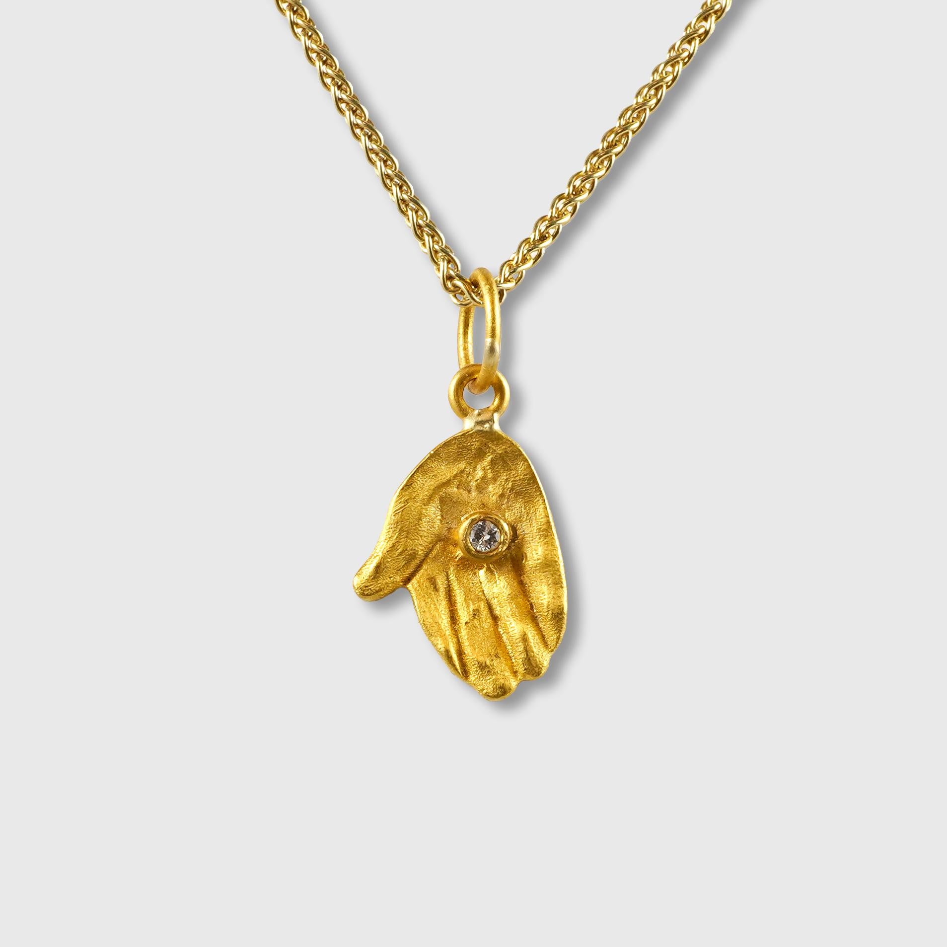 The Giver Hand with Diamond, 24K Solid Gold & 0.02ct Diamonds Greek Mythology In New Condition For Sale In Bozeman, MT