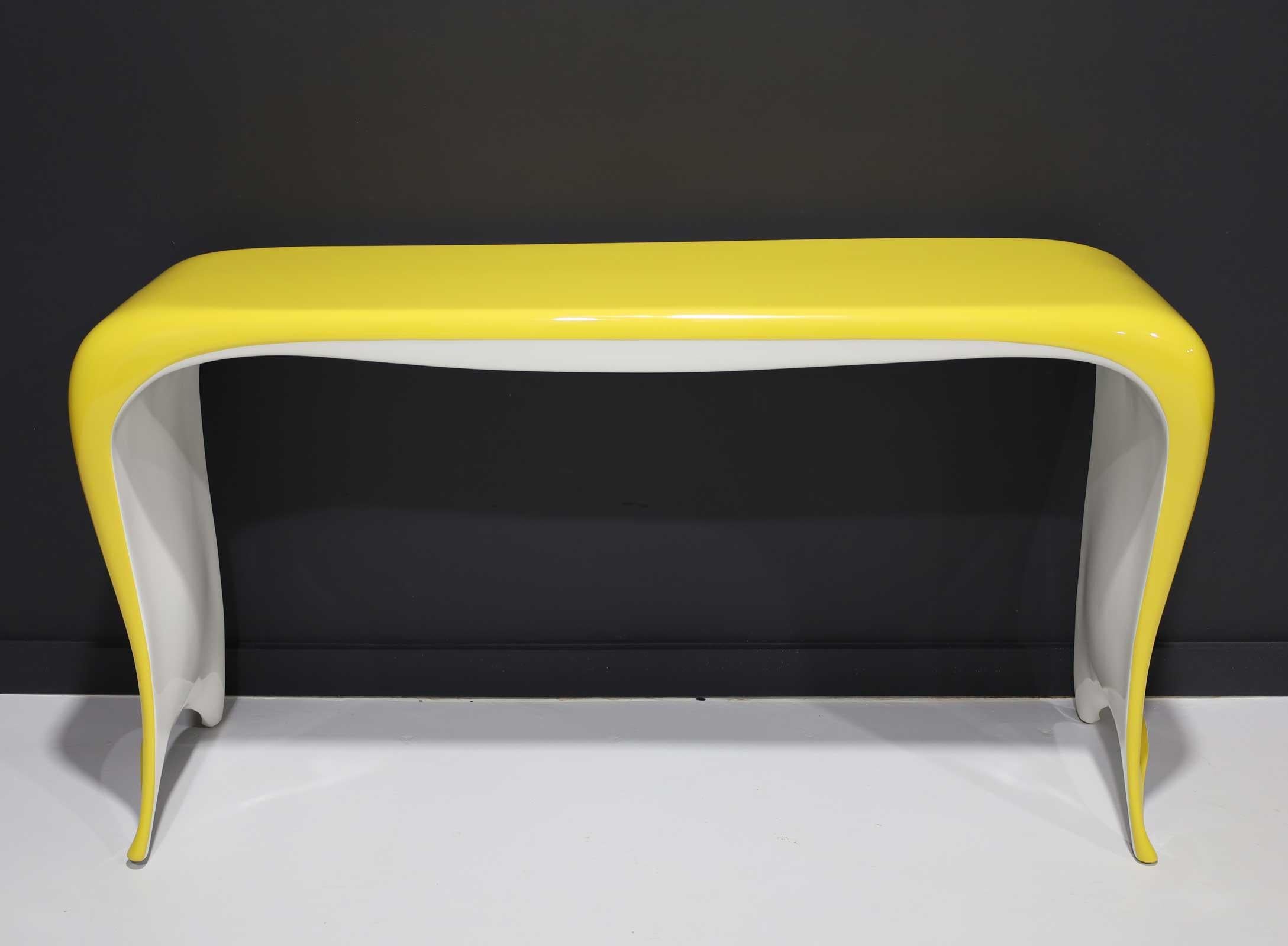 Hollywood Regency Goddess Console by Bruce Berman, 1985, in Yellow and White Lacquer For Sale