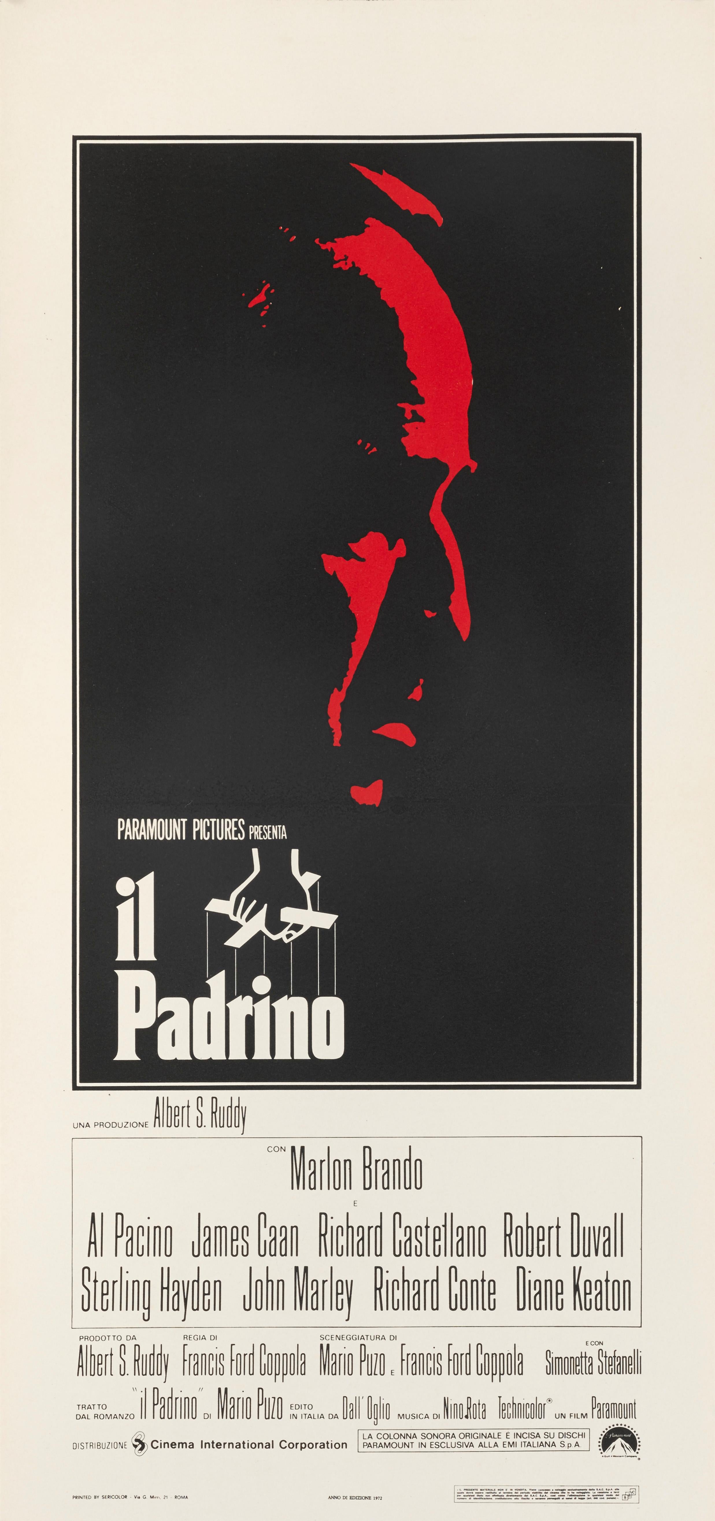 Original Italian film poster for Francis Ford Coppola's gangster masterpiece starring Marlon Brando, Al Pacino and Robert Duvall. 
This piece is in excellent condition, with the colour remaining very bright with only very minor restoration to the
