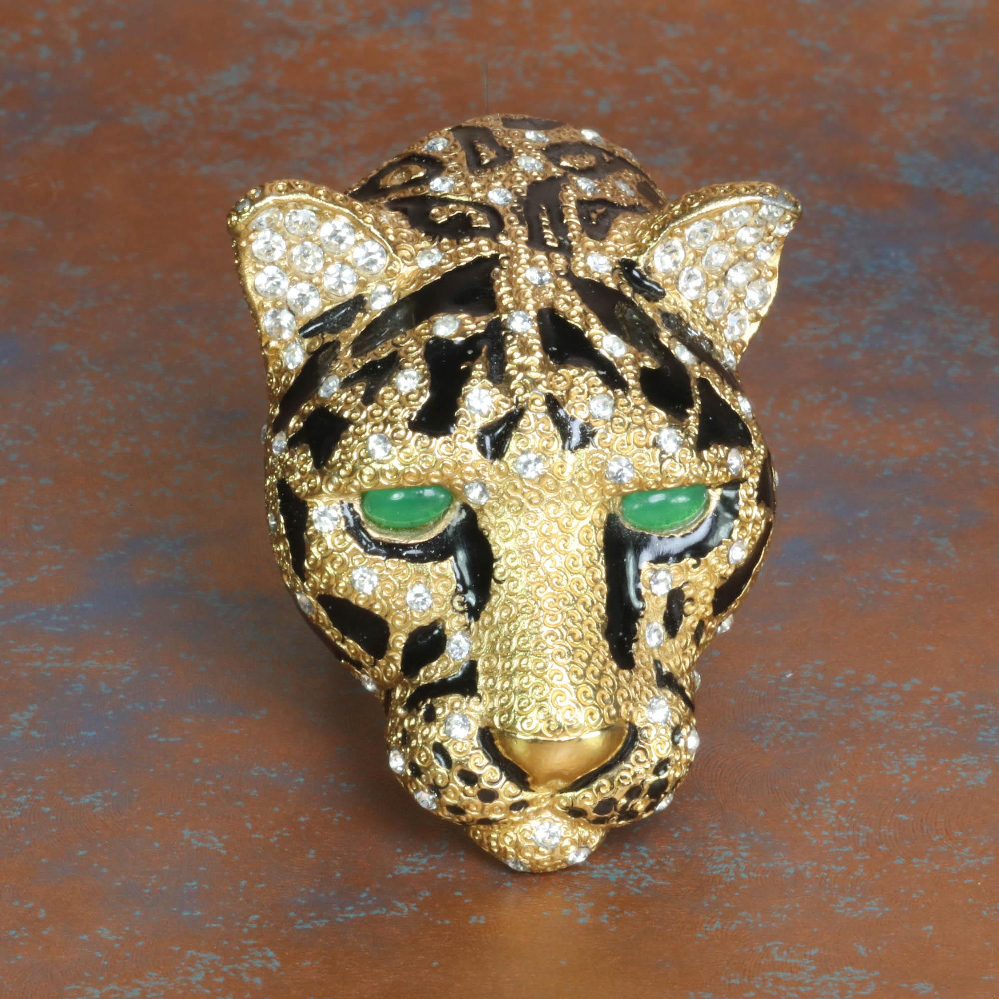 CINER Gold & Black Tiger Face Brooch with Crystal Rhinestones and Jade Eyes In New Condition For Sale In New York, NY