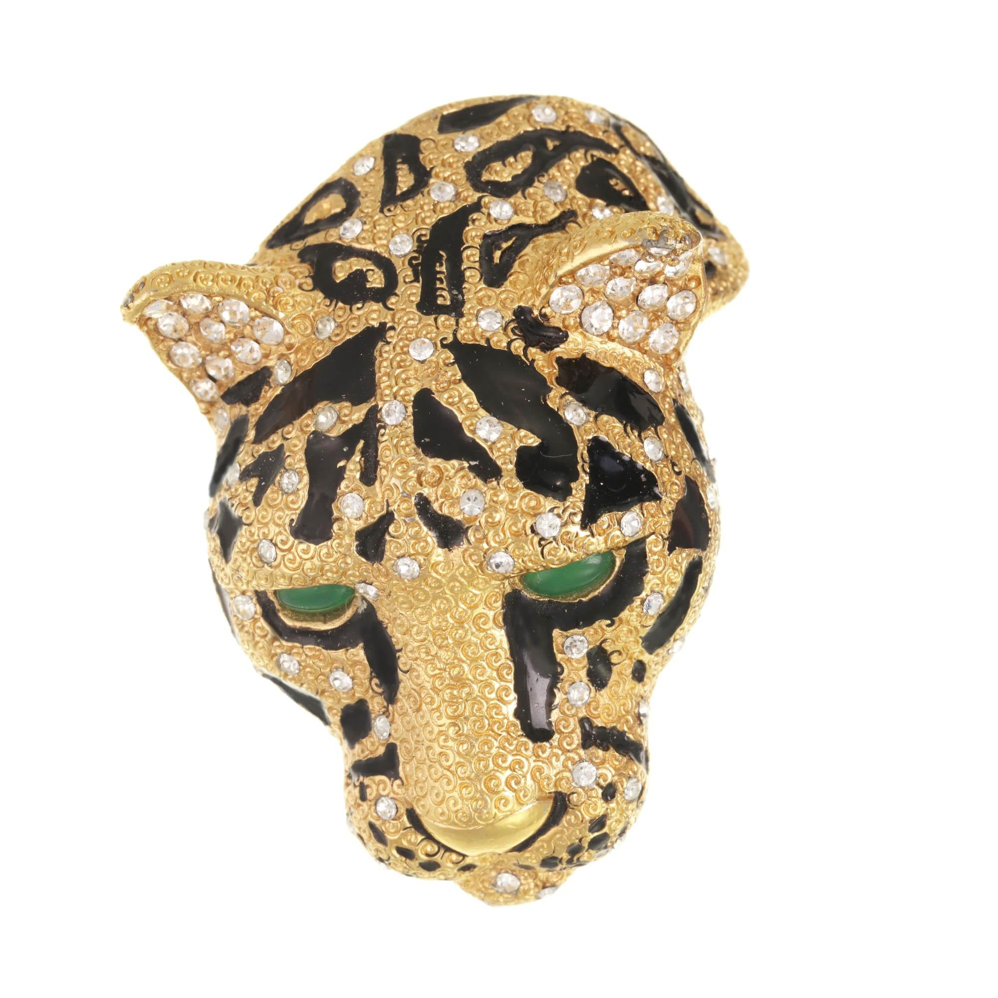 CINER Gold & Black Tiger Face Brooch with Crystal Rhinestones and Jade Eyes For Sale