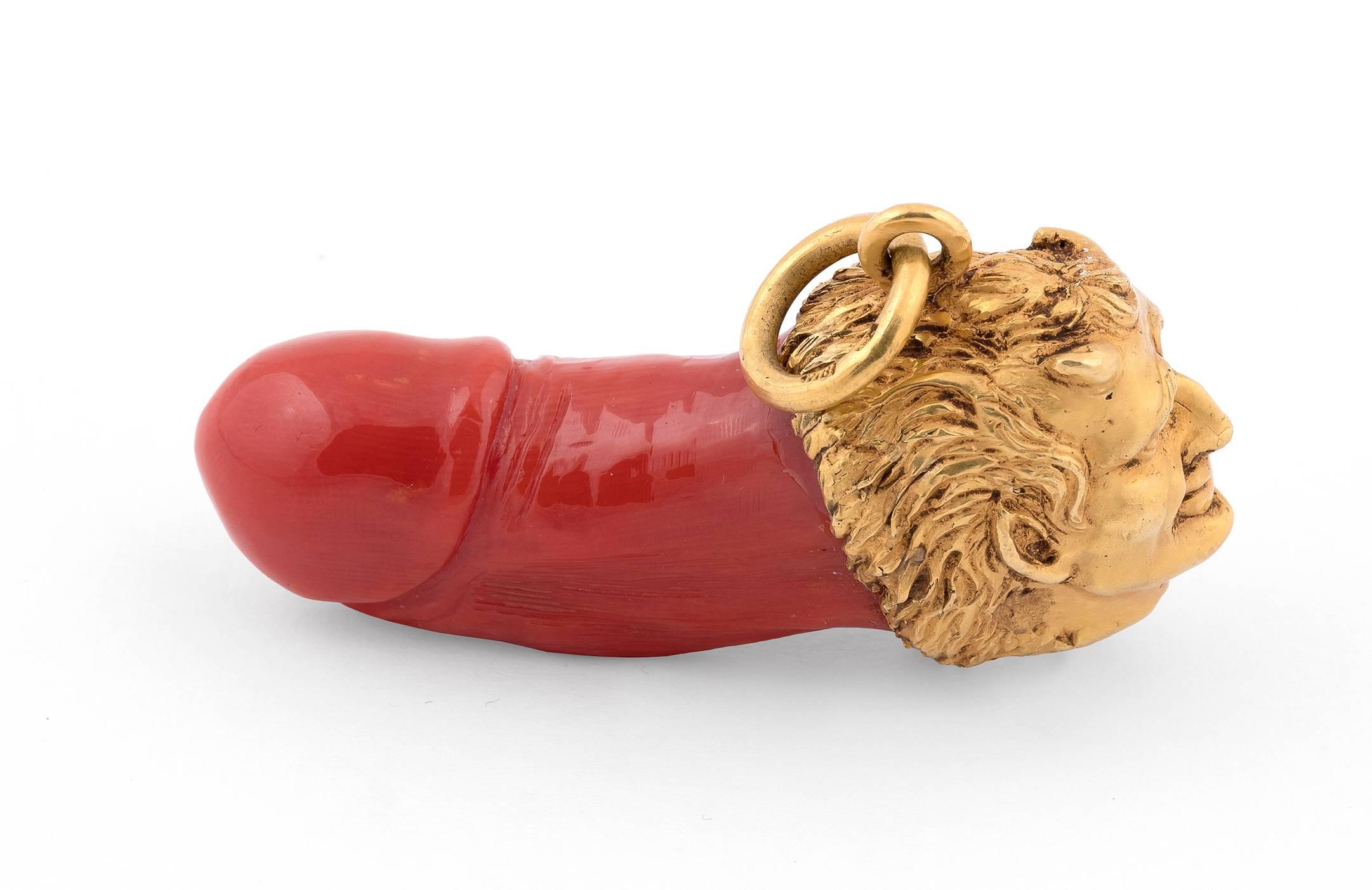 On the top the face of the satyr and coral phallus pendant length 6cm