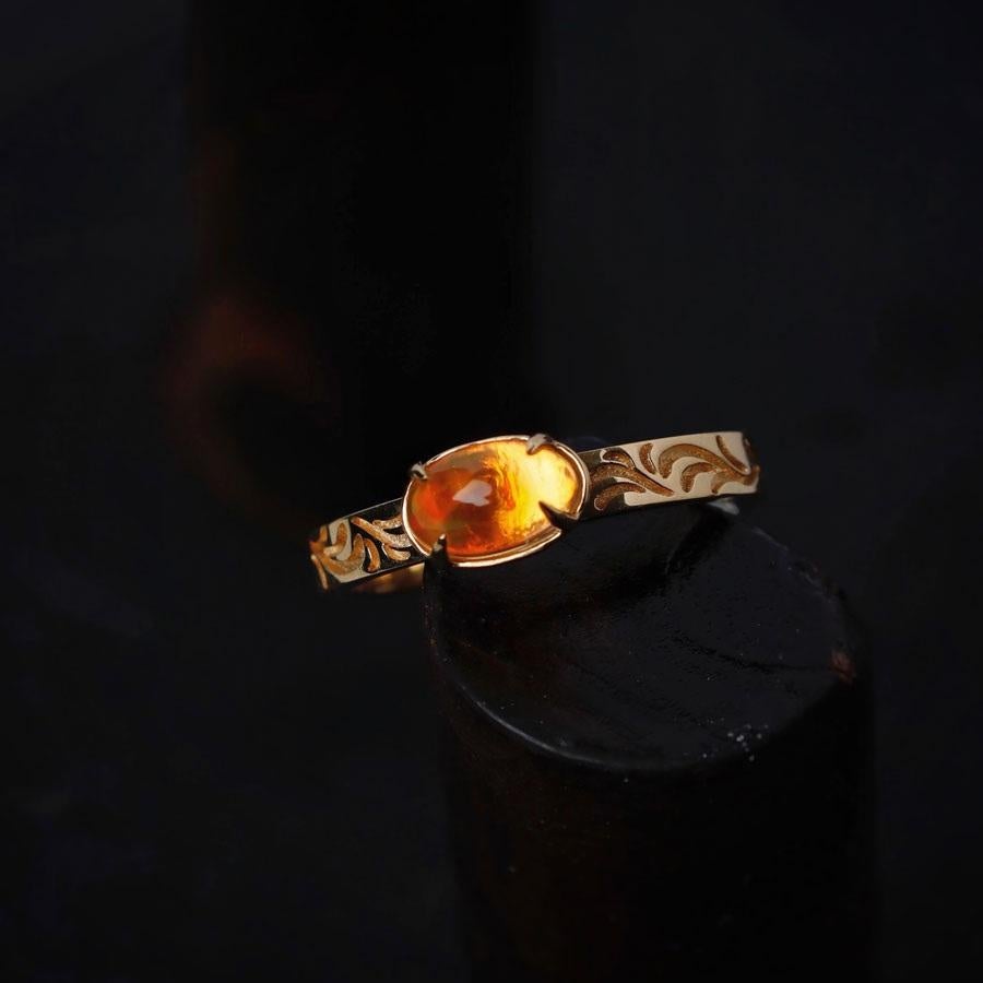 Arts and Crafts The Golden Age - Ornamental Filigree Fire Opal Engagement Ring 18K Gold For Sale