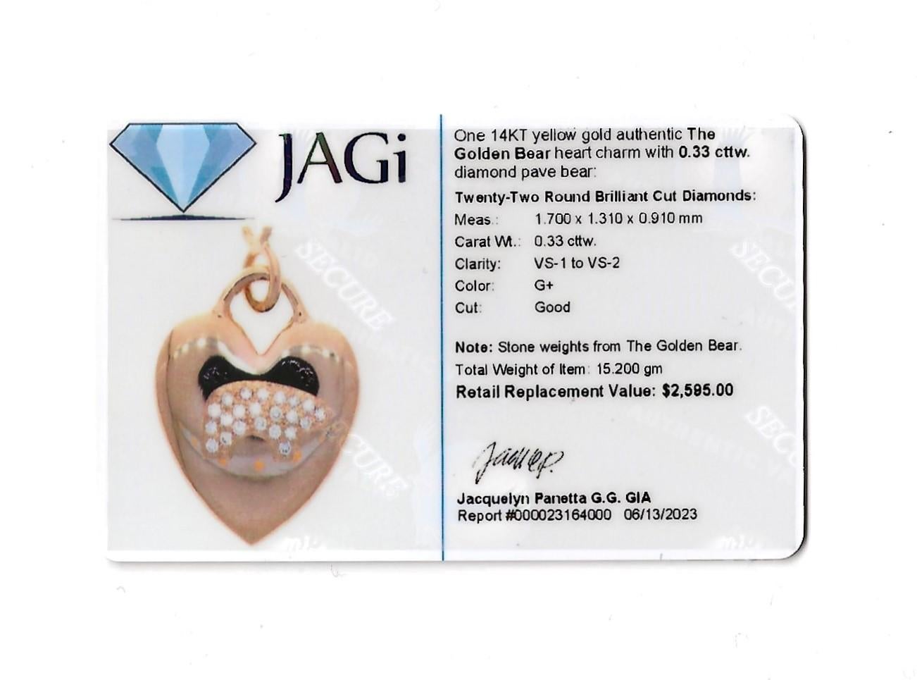 The Golden Bear Pave Diamond Heart Charm / Pendant Polished 14 Karat Yellow Gold 8