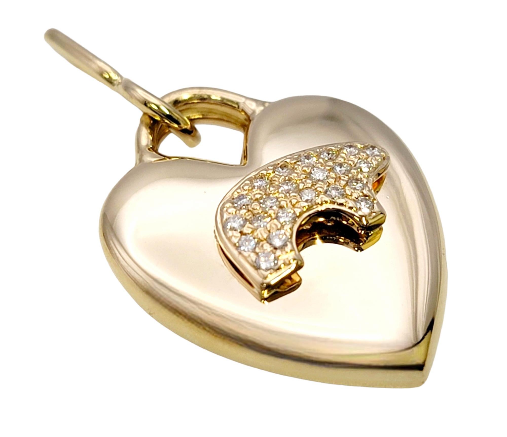 Round Cut The Golden Bear Pave Diamond Heart Charm / Pendant Polished 14 Karat Yellow Gold
