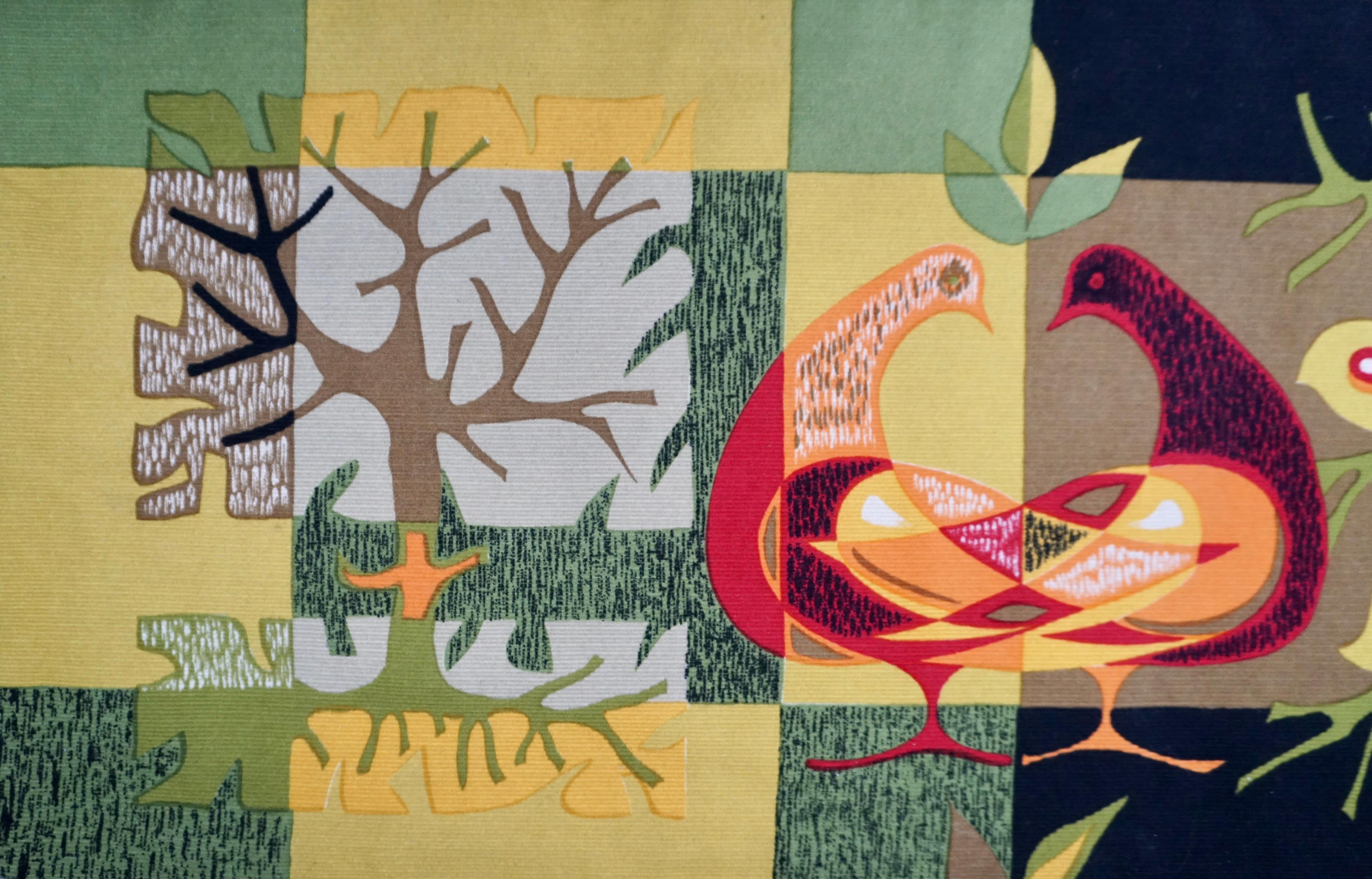 Horizontal vintage wool tapestry signed by Michèle Van hout le Beau, circa 1970, entitled “Les oiseaux d’or”. 
Depicting an abstract figurative colorful nature scene with two birds. 

Michèle Van Hout le Beau designed numerous cartoons in the 1960’s