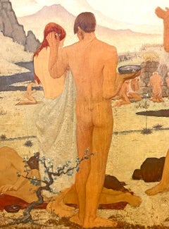 "The Golden Hour, " Monumental Painting with Utopian Scene, Multiple Male Nudes