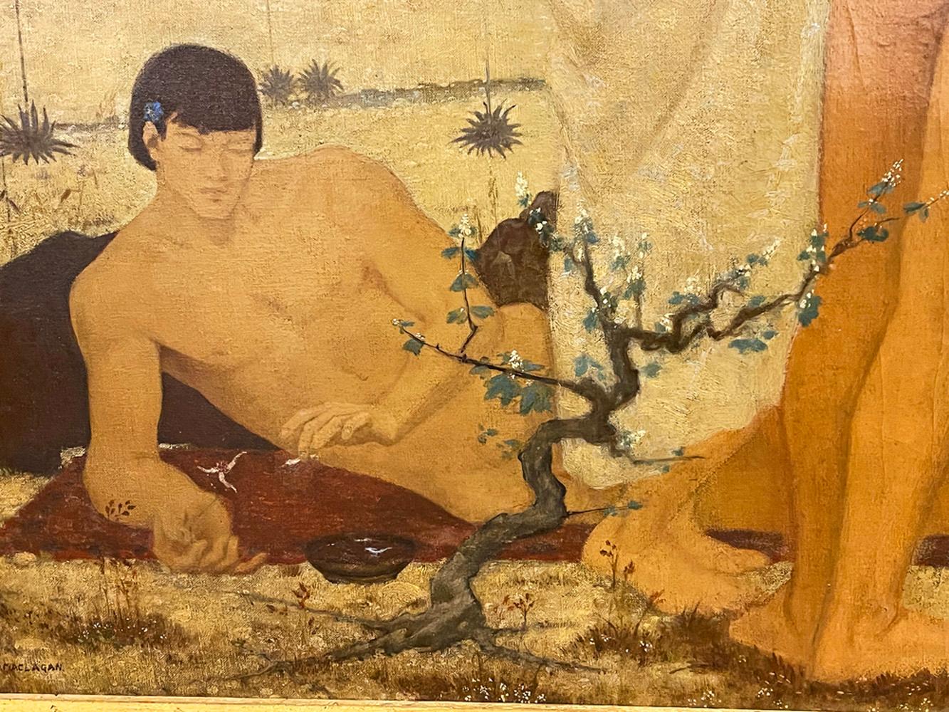 Britannique « The Golden Hour », peinture monumentale avec une scène utopique, plusieurs nus masculins en vente
