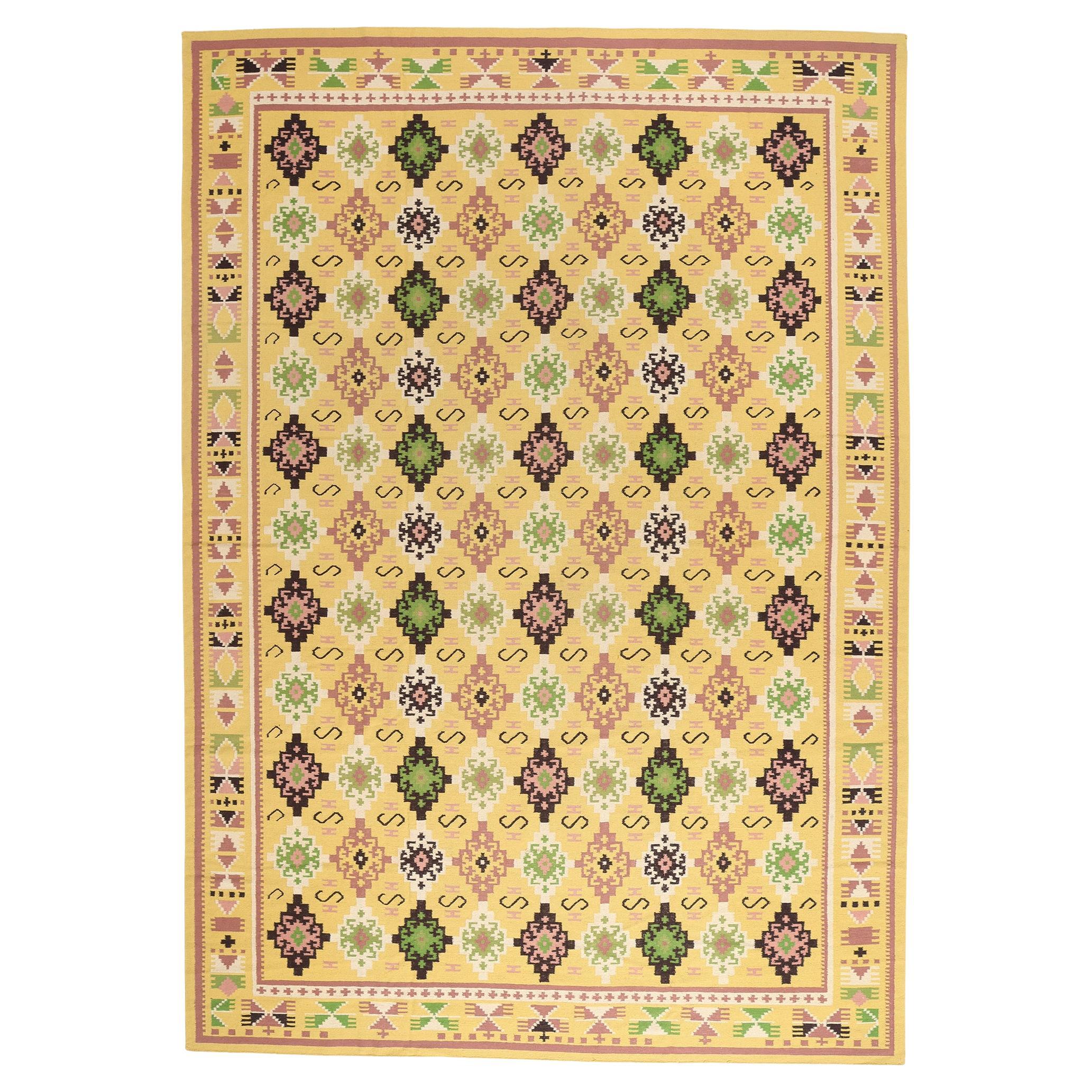 The Golden Lattice: A Vintage Indian Dhurrie of Radiant Geometry For Sale