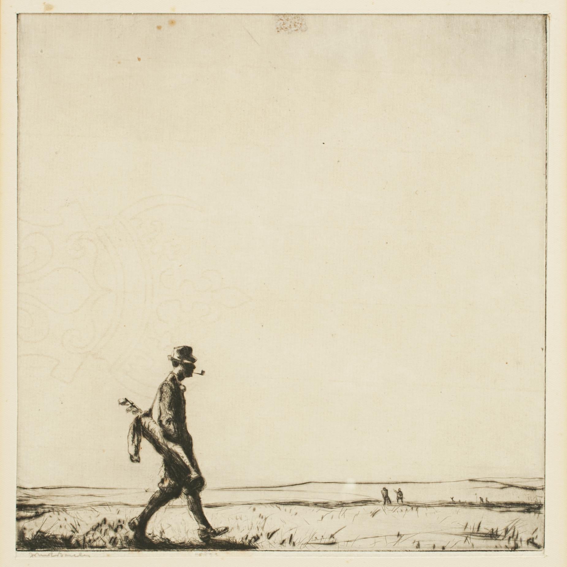 The Golfer.
A black and white 'proof' etching by John R. Barclay. The picture depicts a golfer walking on the golf course smoking a pipe, carrying his golf bag over his shoulder. The fine original dry point etching is on antique laid paper with a