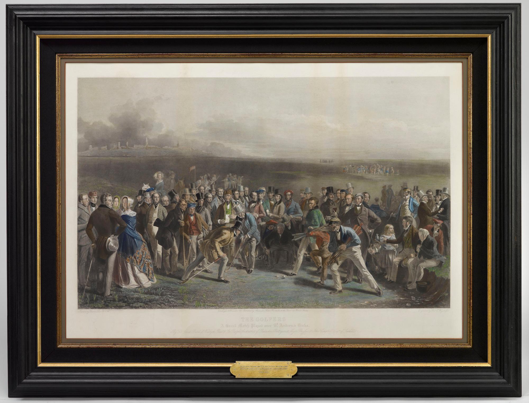 Presented is The Golfers: A Grant Match Played Over the St. Andrews, a hand-colored engraving by Charles E. Wagstaff, after the original oil painting by Charles Lees. 

This engraving is of one of the most famous golfing paintings of all time, set