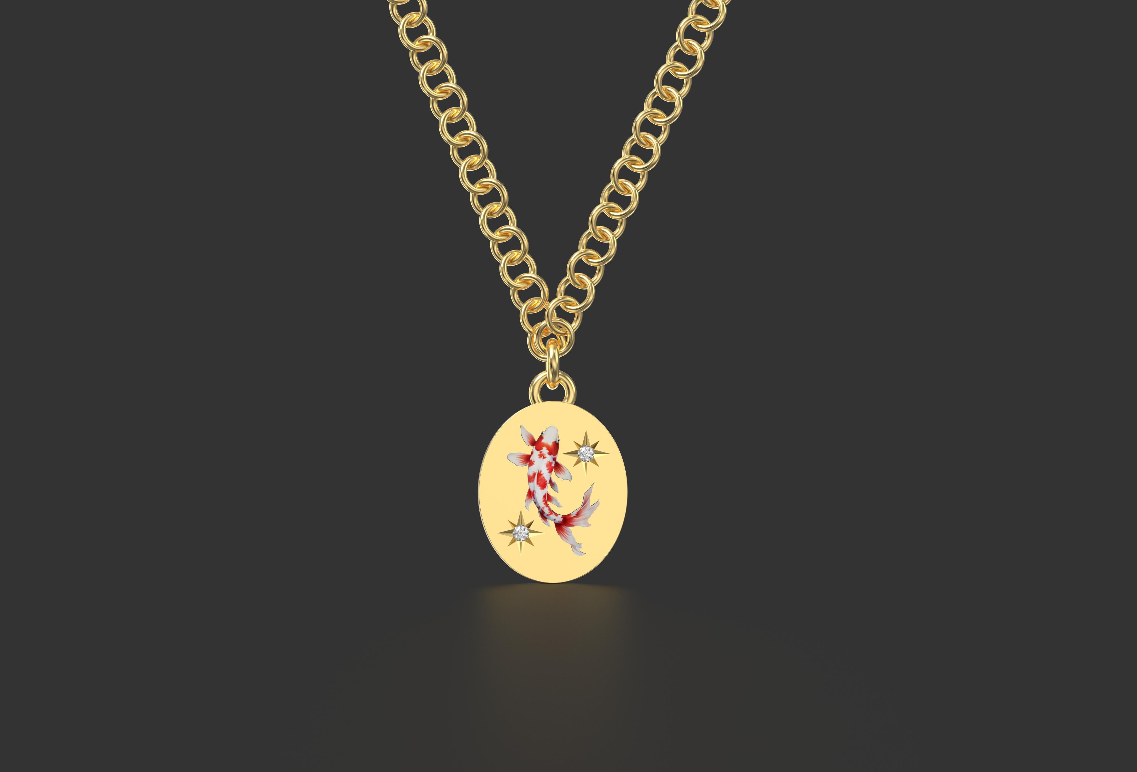 The Good Luck Halskette mit rot-weißem Koi-Anhänger, 18 Karat Gelbgold mit Diamant  (Brillantschliff) im Angebot