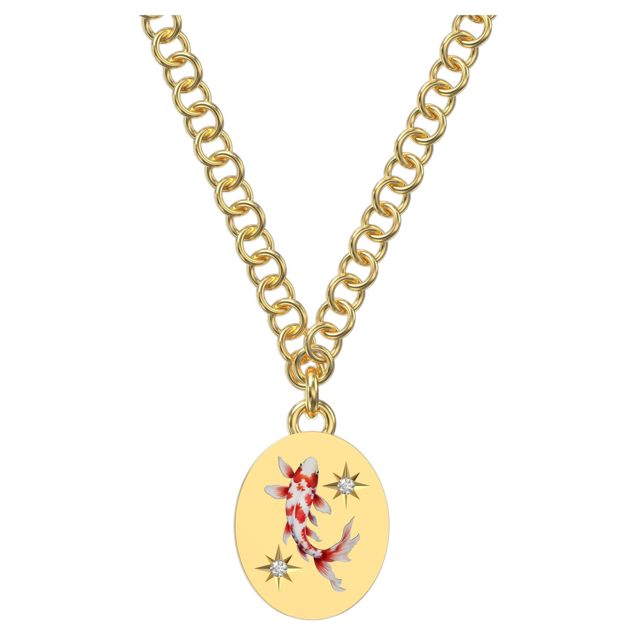 The Good Luck Halskette mit rot-weißem Koi-Anhänger, 18 Karat Gelbgold mit Diamant  im Angebot