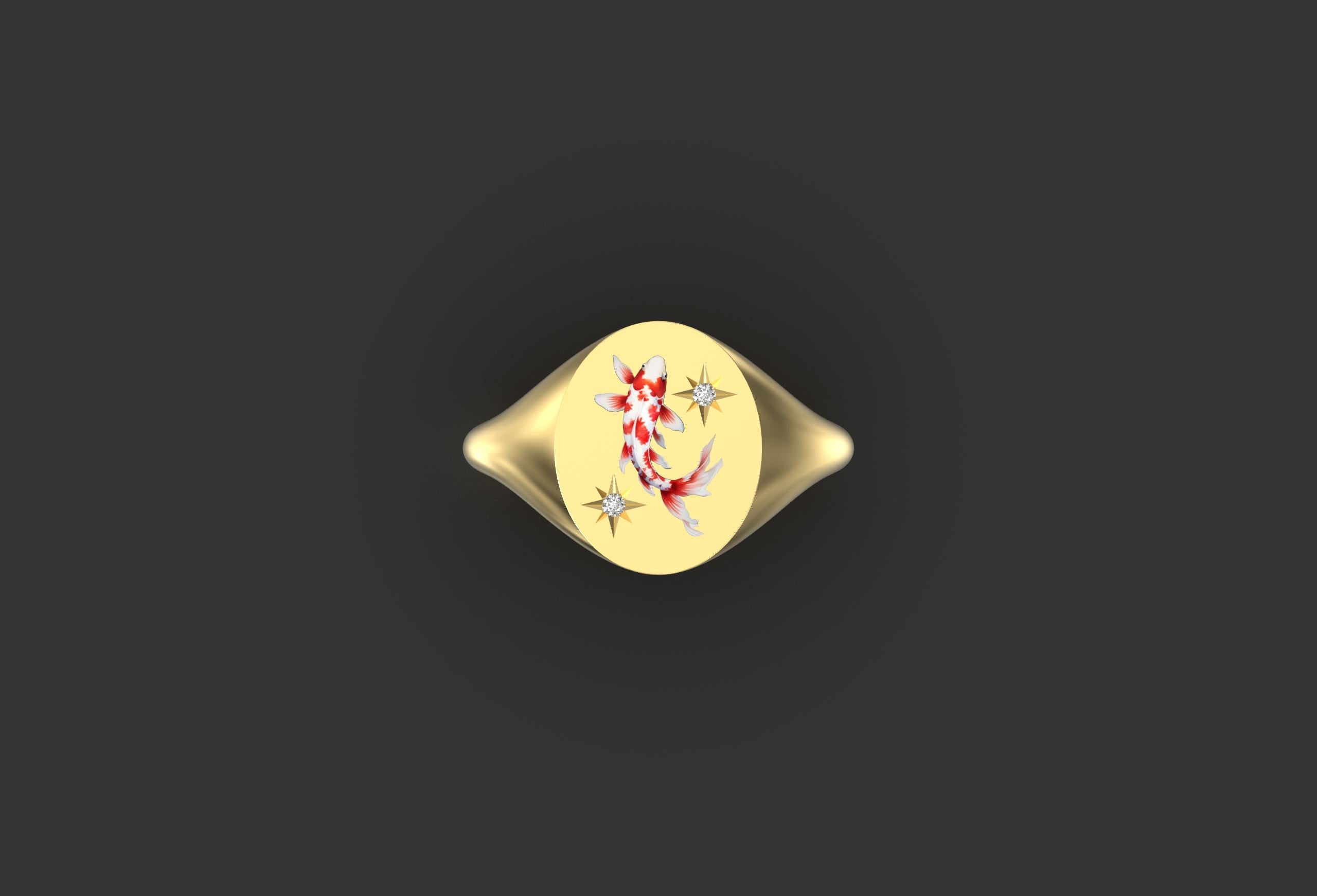 Brilliant Cut The Good Luck Red & White Koi Signet Ring, 18k yellow gold with Diamonds For Sale