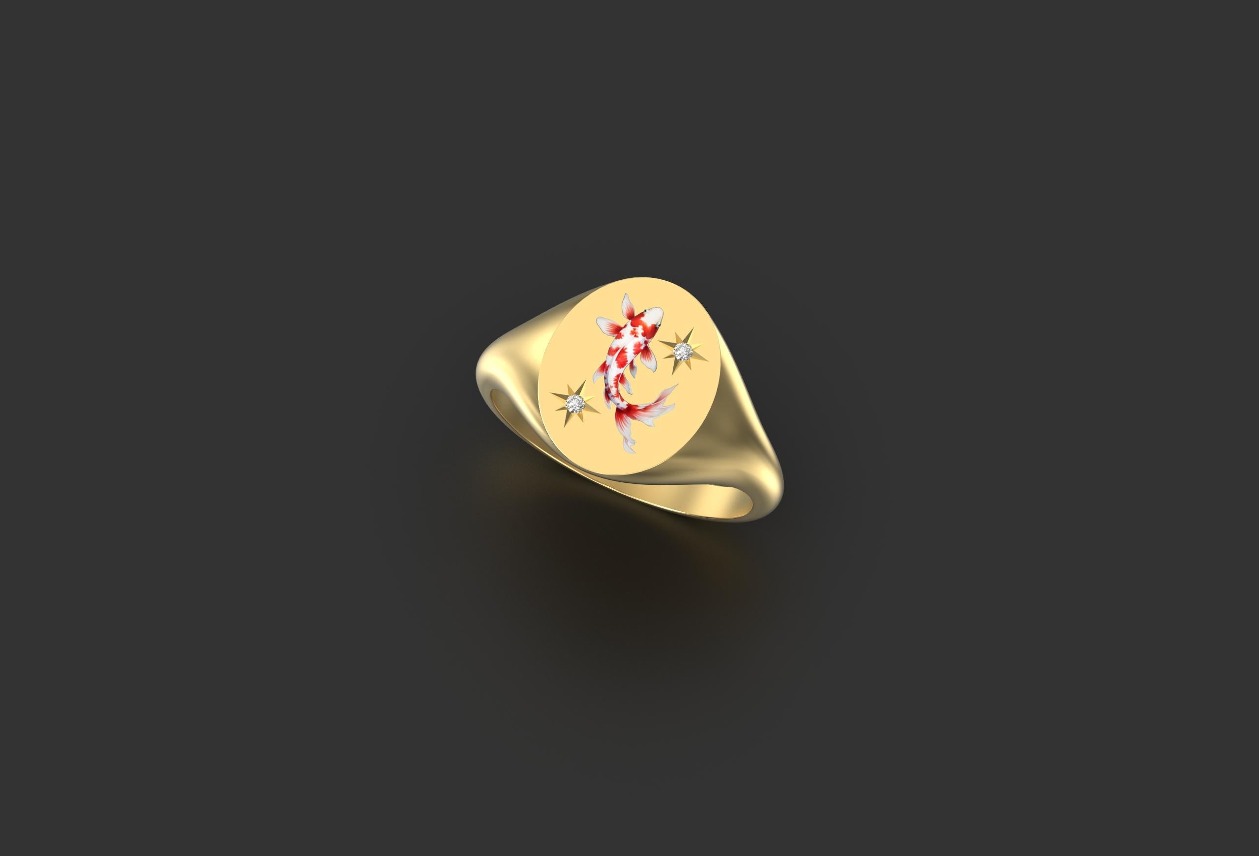 The Good Luck Red & White Koi Signet Ring, 18k yellow gold with Diamonds In New Condition For Sale In Southampton, GB