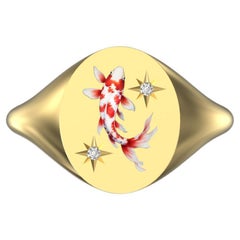 Bague porte-bonheur Koi rouge et blanche, or jaune 18 carats avec diamants