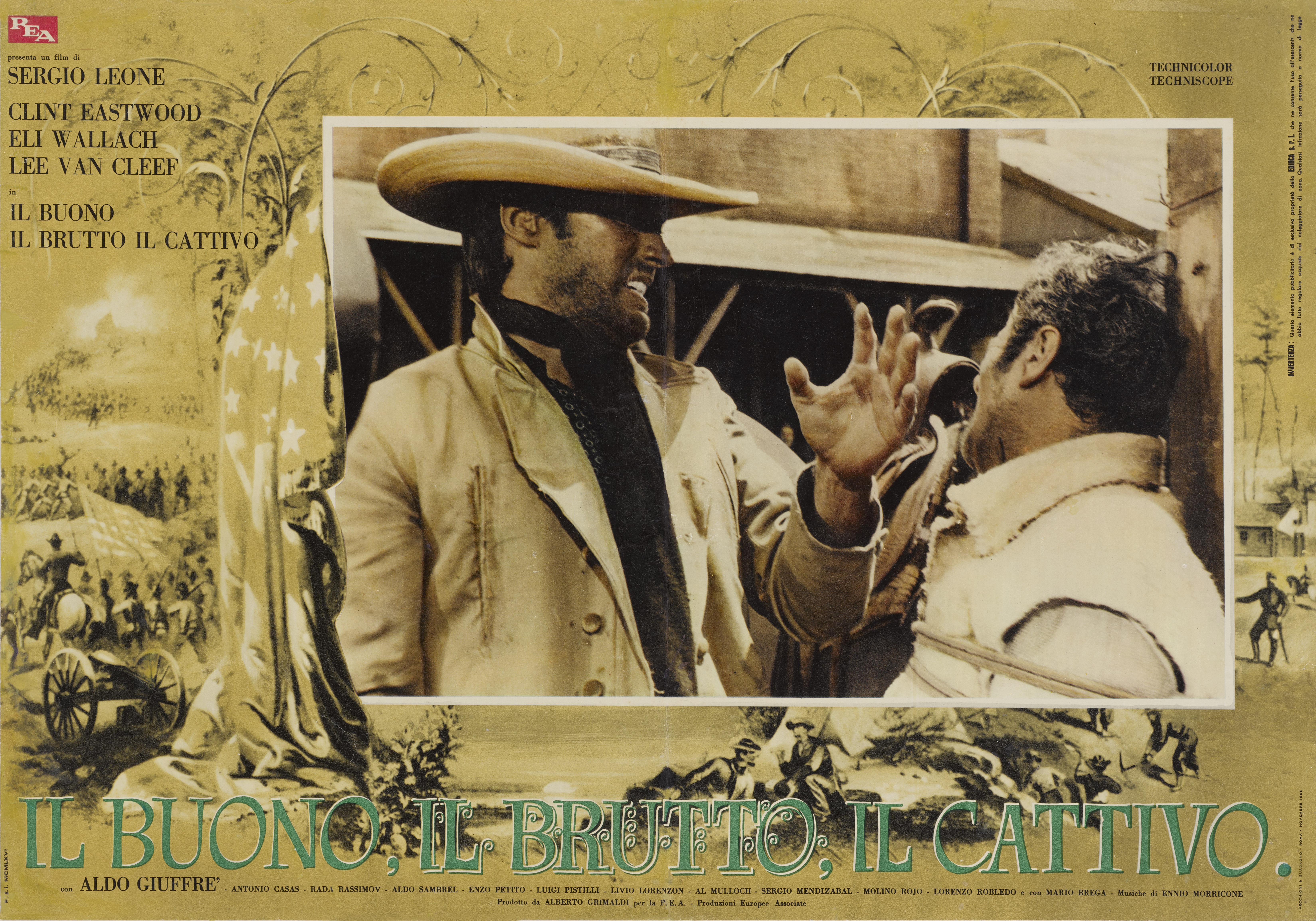 Originales italienisches Filmplakat für den Film von 1966 mit Clint Eastwood, Eli Wallach und Lee Van Cleef in den Hauptrollen, Regie: Sergio Leone. The Good, the Bad and the Ugly bleibt einer der größten Western aller Zeiten. Dieses Plakat hat