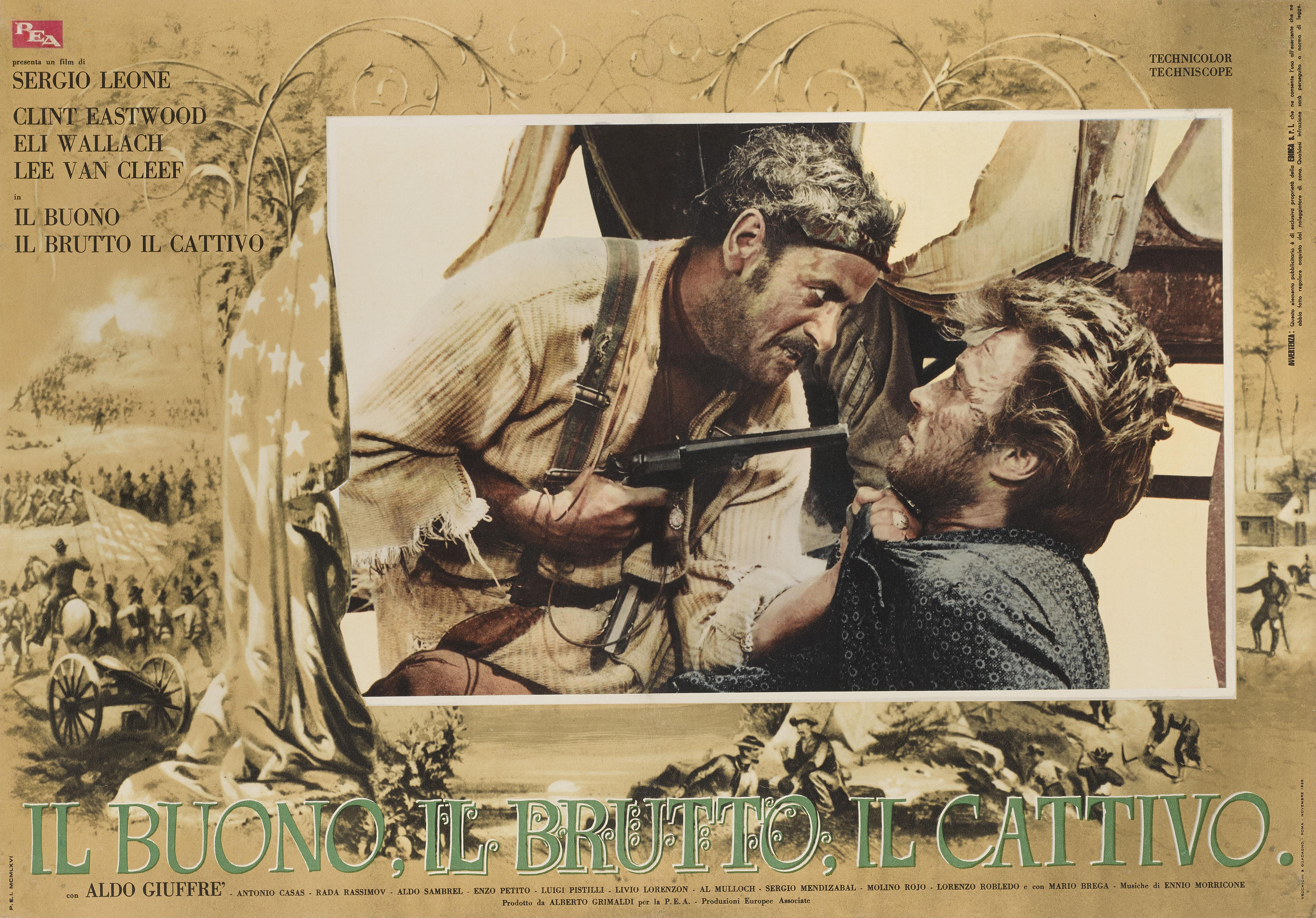 Affiche originale italienne pour le film de 1966 avec Clint Eastwood, Eli Wallach et Lee Van Cleef, réalisé par Sergio Leone. Le bon, la brute et le truand reste l'un des plus grands westerns de tous les temps. Cette affiche est doublée de lin et