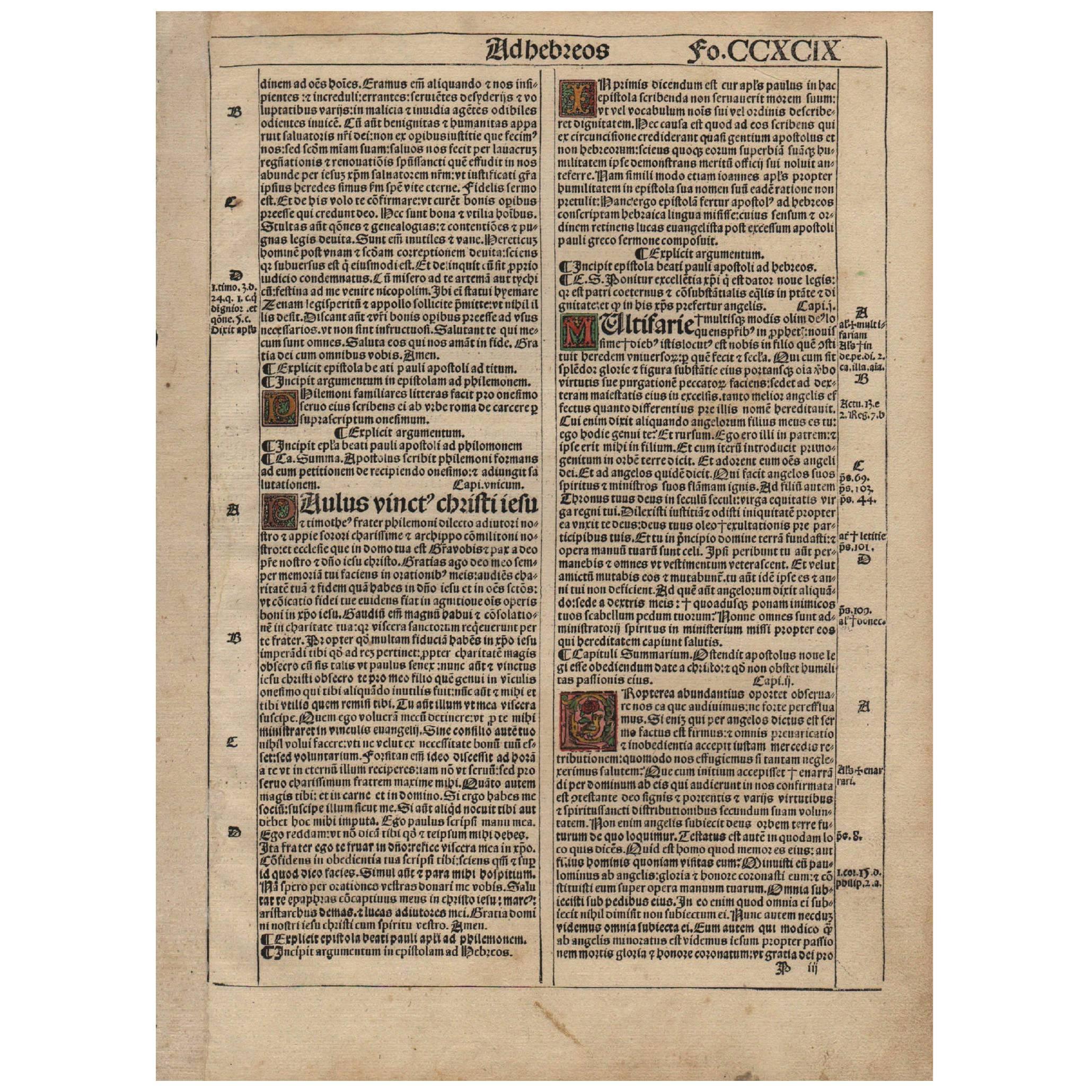 The Gospel Is True!, Philemon Hebrews 1, 1522 Latin Bible Leaf Medieval For Sale
