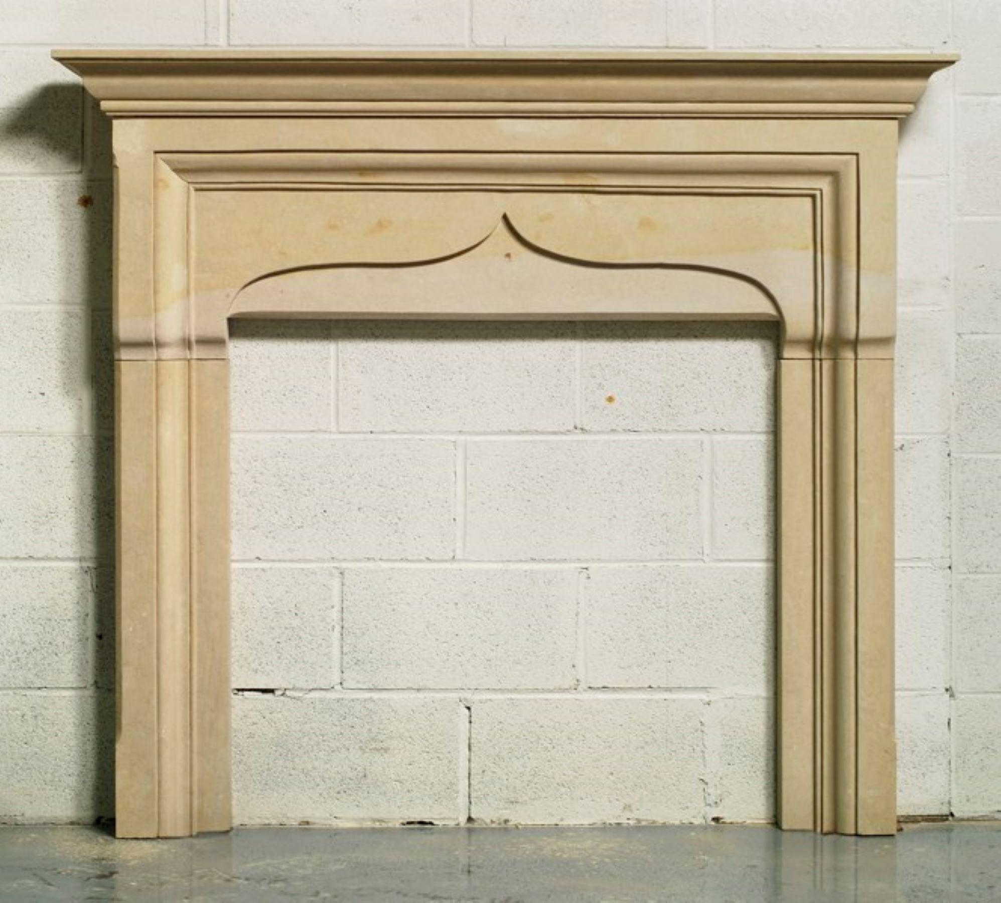 Similar to our Tudor and Stuart fireplace designs, the Gothic stone fireplace features the traditional peaked arch, evoking the classic 16th century Tudor era, but greatly simplifies the lintel to give it a more modern feel. Unlike The Stuart, or