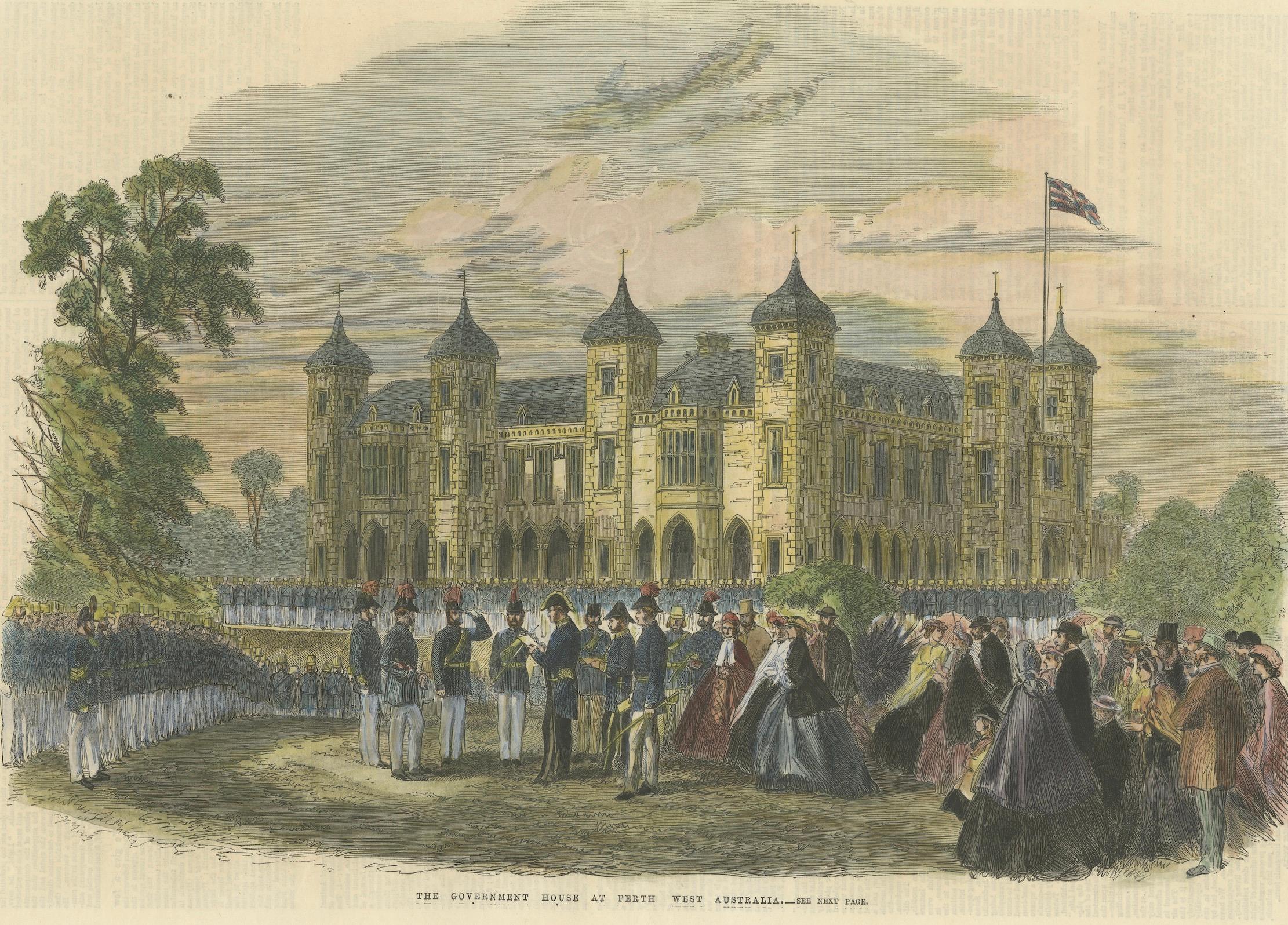 Papier The Government House à Perth, en Australie occidentale - Illustrated London News, 1864 en vente