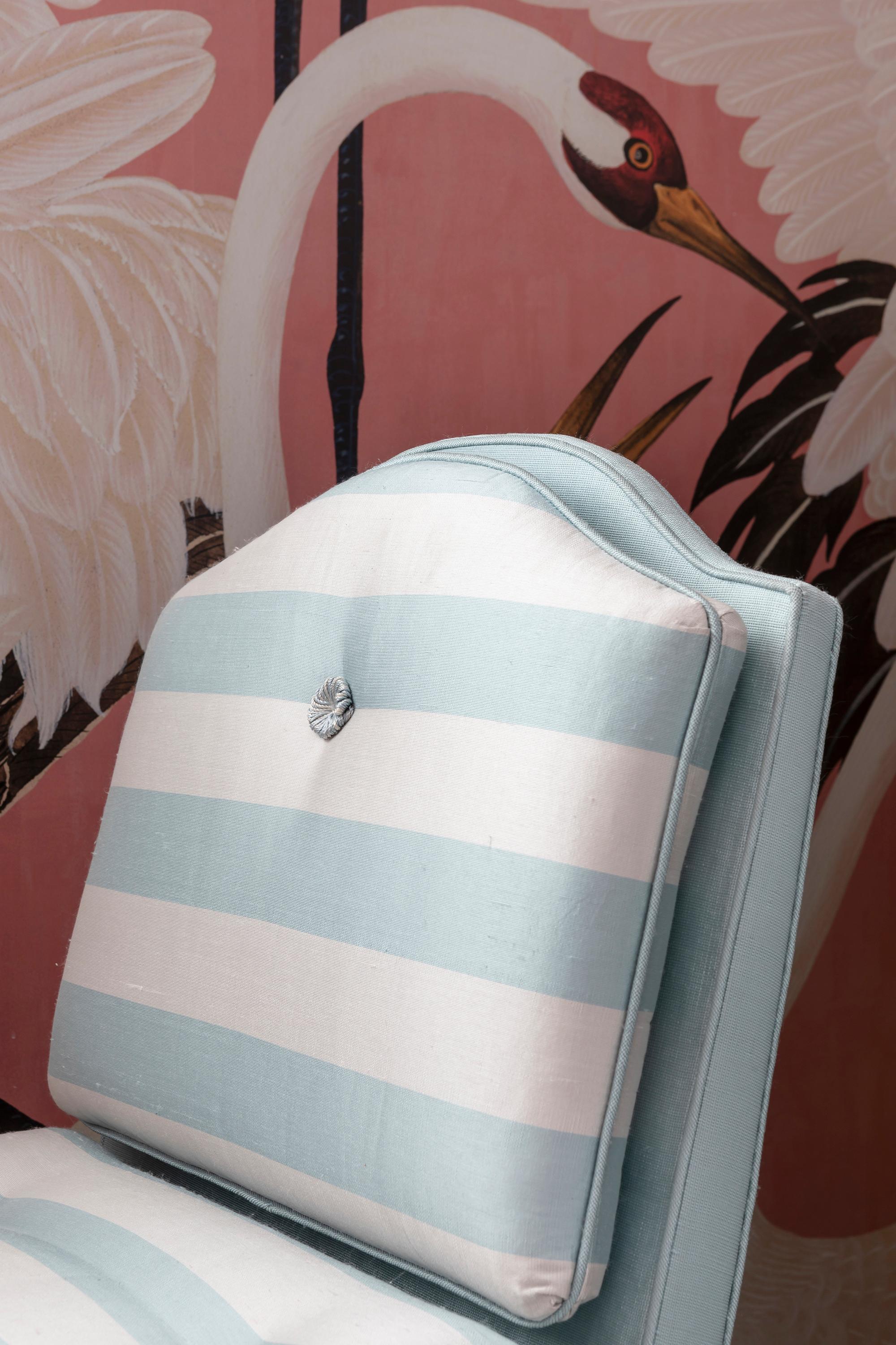 Hollywood Regency The Gracie Chair, traditionally hand upholstered in blue striped silk For Sale