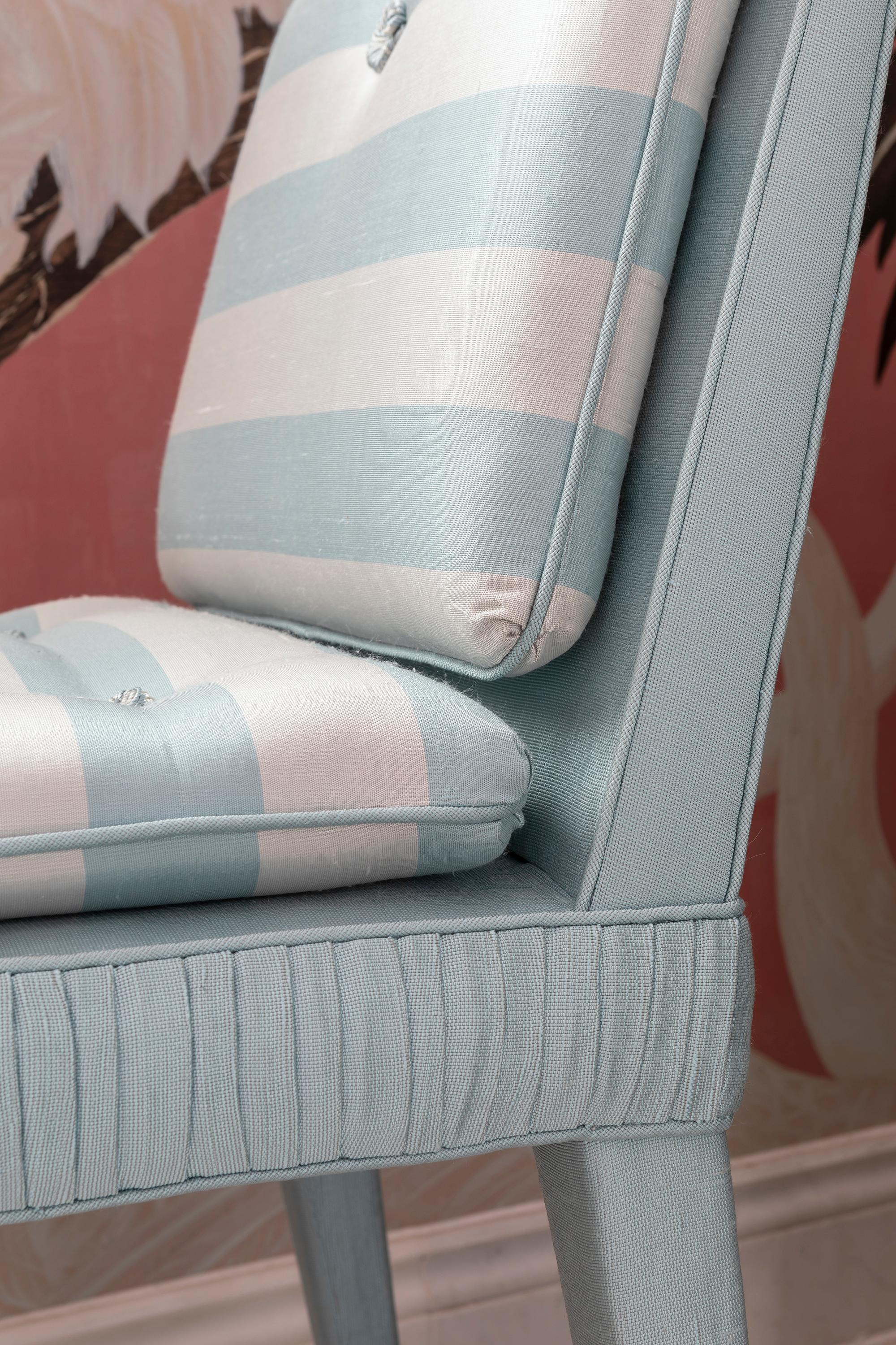 Hand-Crafted The Gracie Chair, traditionally hand upholstered in blue striped silk For Sale
