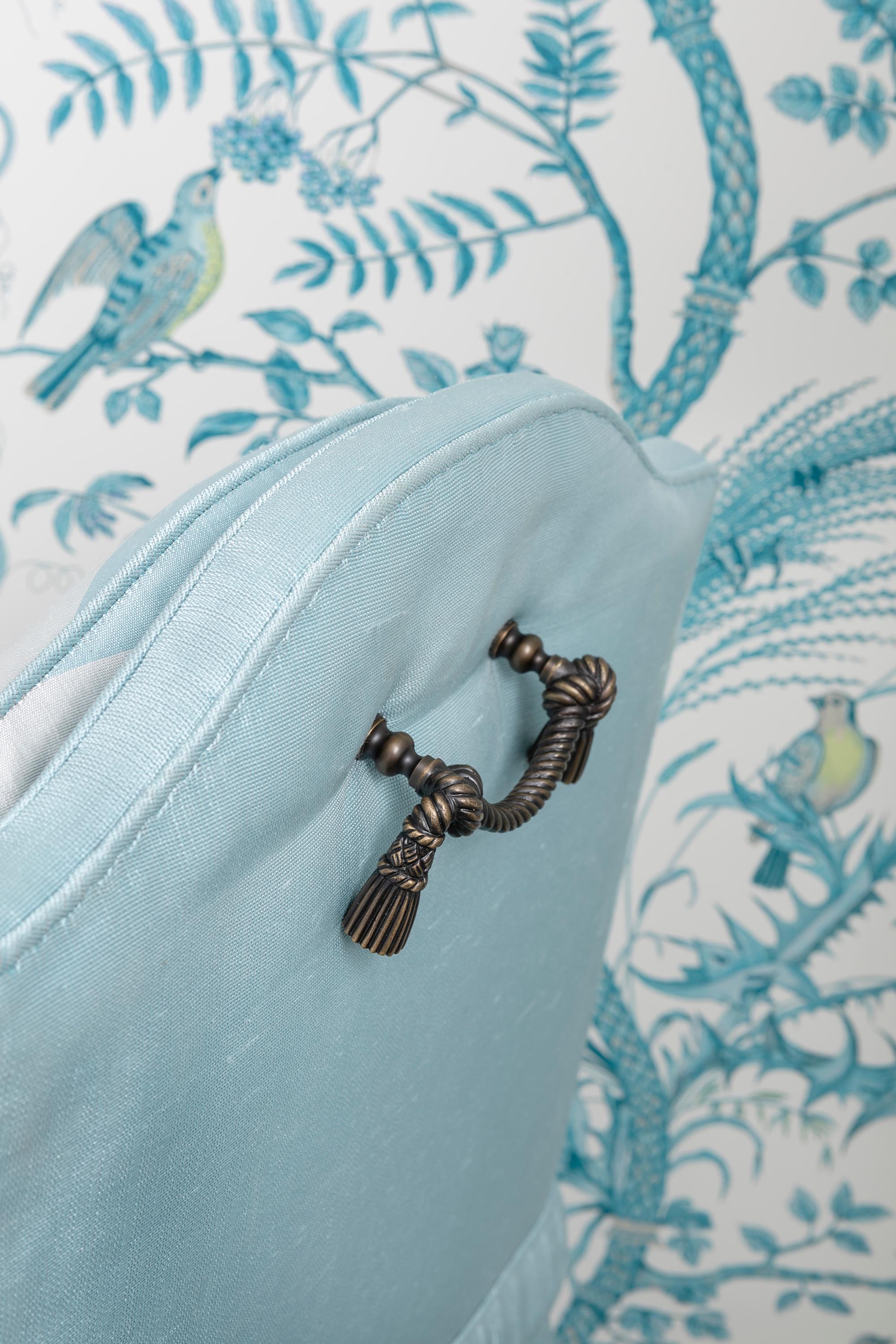 Brass The Gracie Chair, traditionally hand upholstered in blue striped silk For Sale