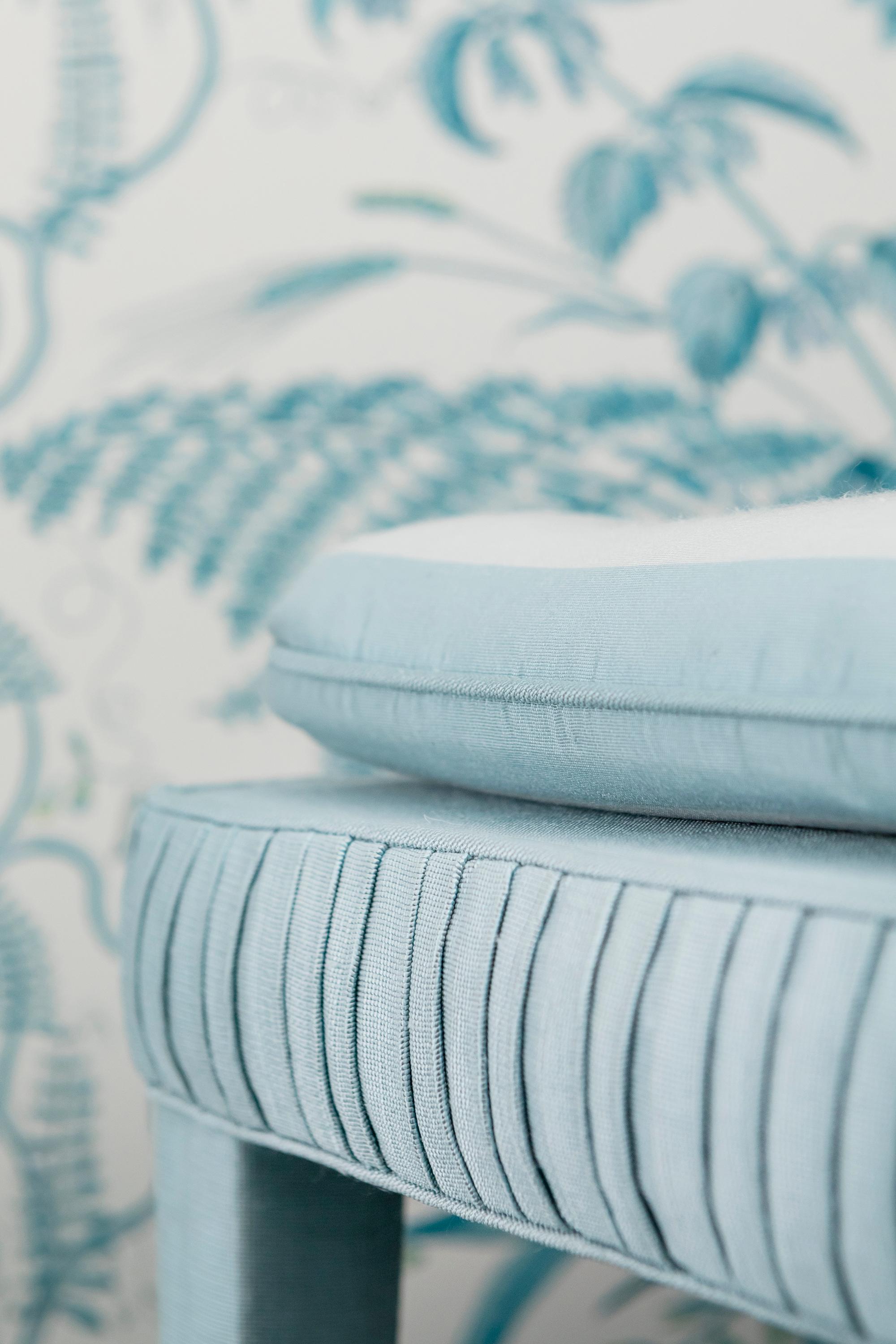 The Gracie Chair, traditionally hand upholstered in blue striped silk For Sale 1