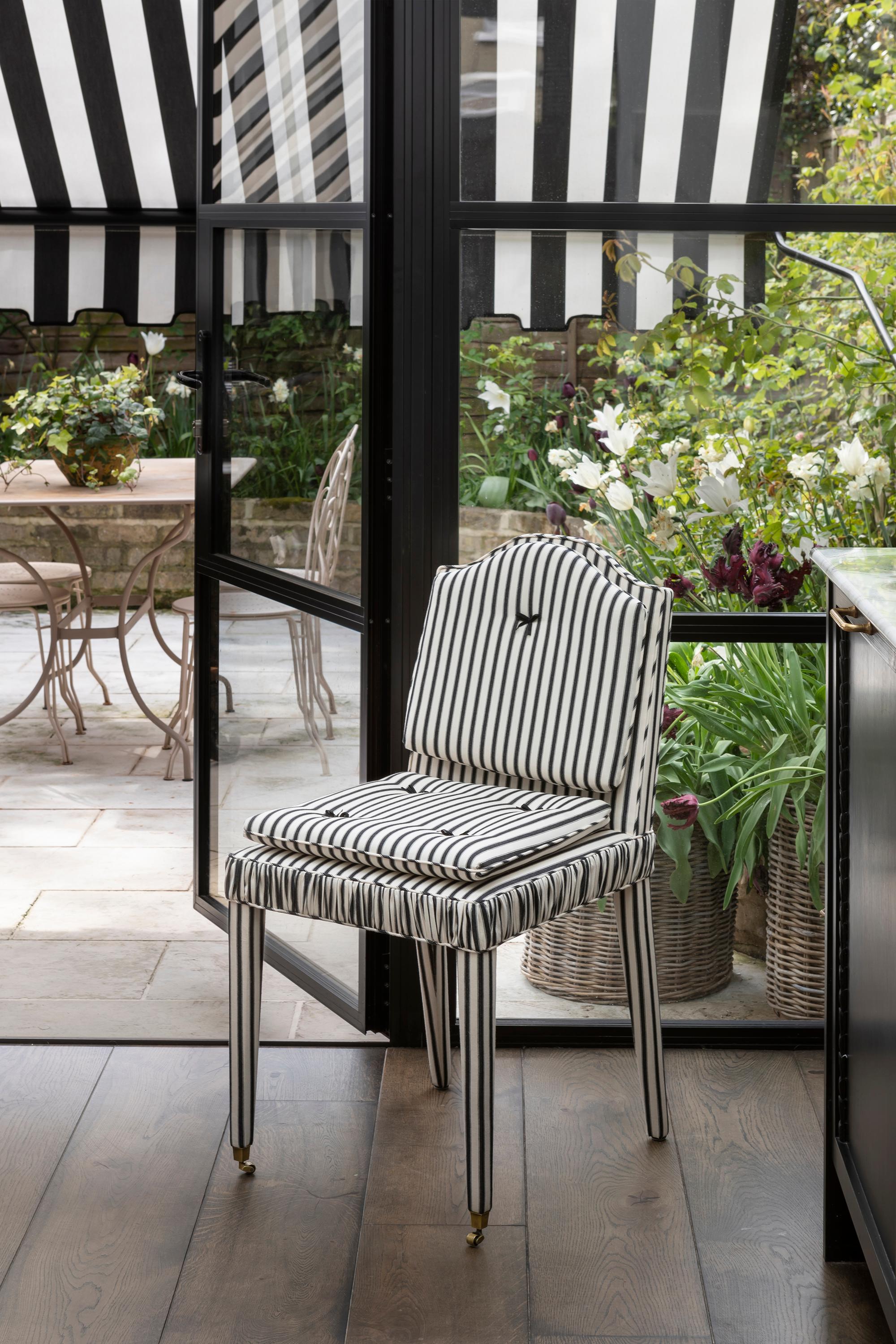 Hollywood Regency The Gracie Chair, traditionally hand upholstered in Ticking Stripe For Sale