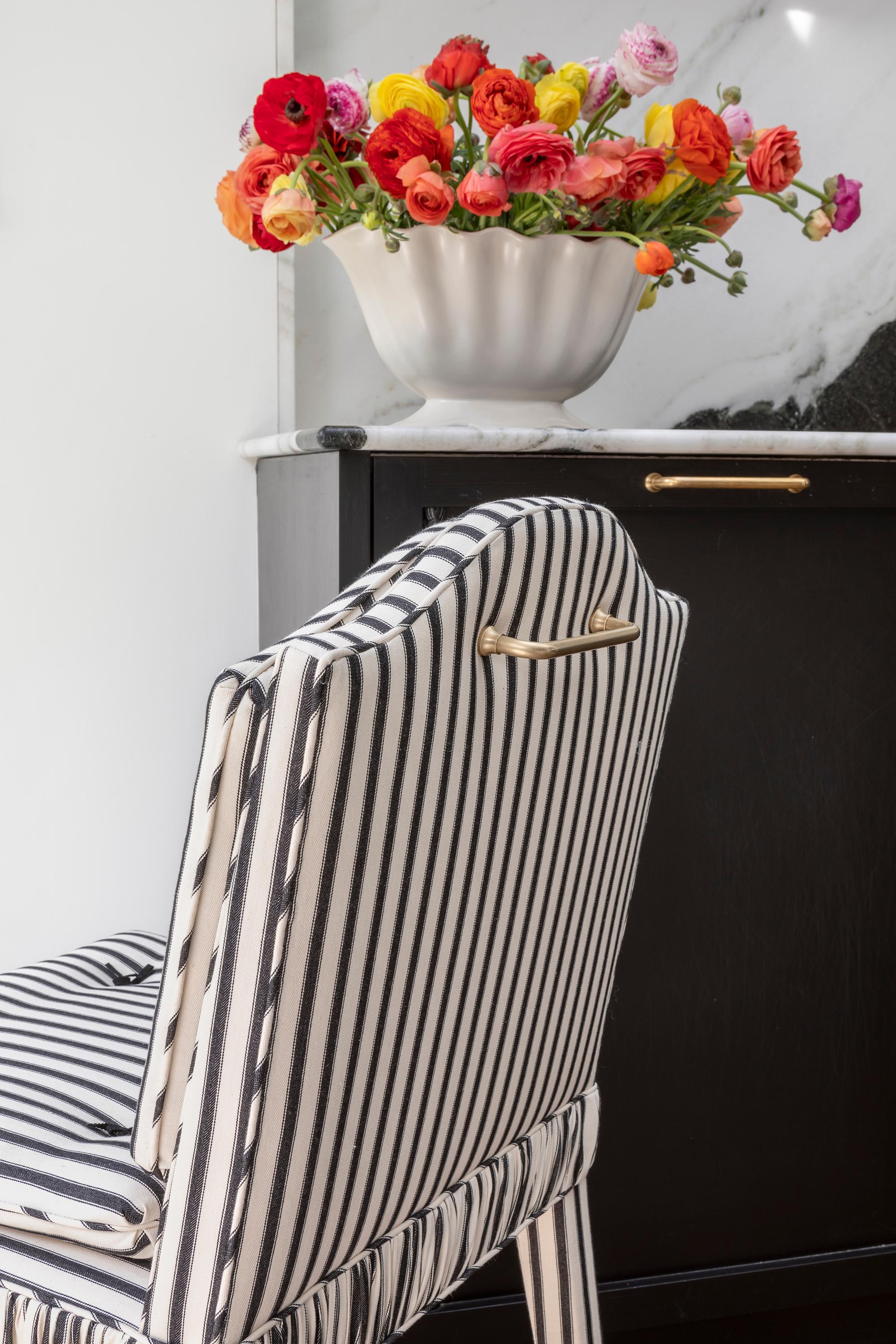 British The Gracie Chair, traditionally hand upholstered in Ticking Stripe For Sale