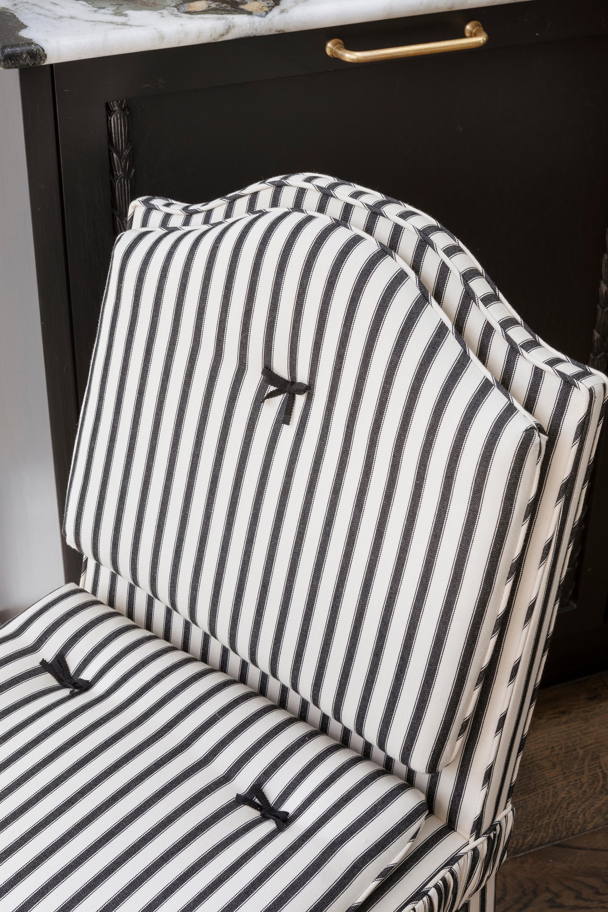 Hand-Crafted The Gracie Chair, traditionally hand upholstered in Ticking Stripe For Sale
