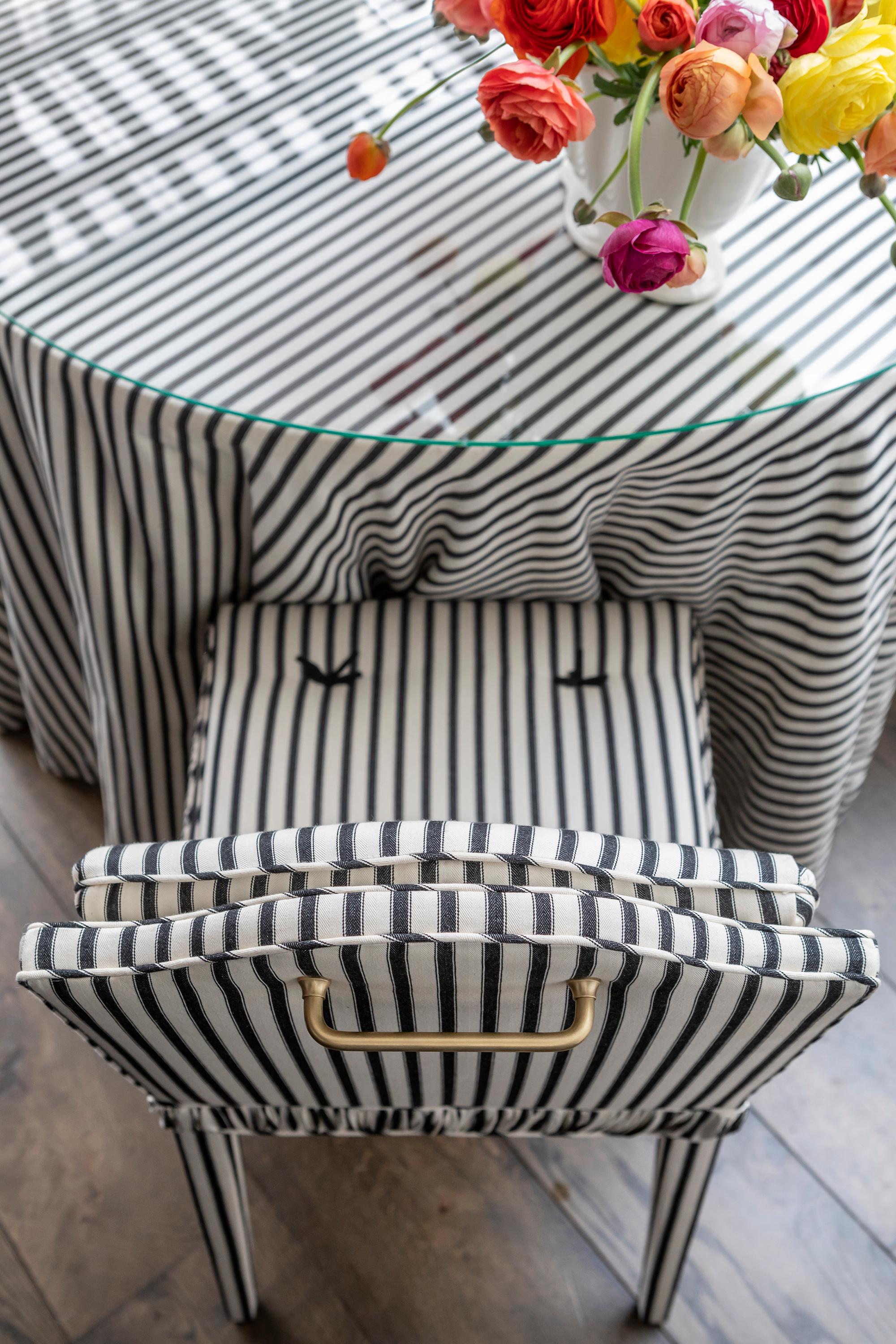 The Gracie Chair, traditionally hand upholstered in Ticking Stripe For Sale 1