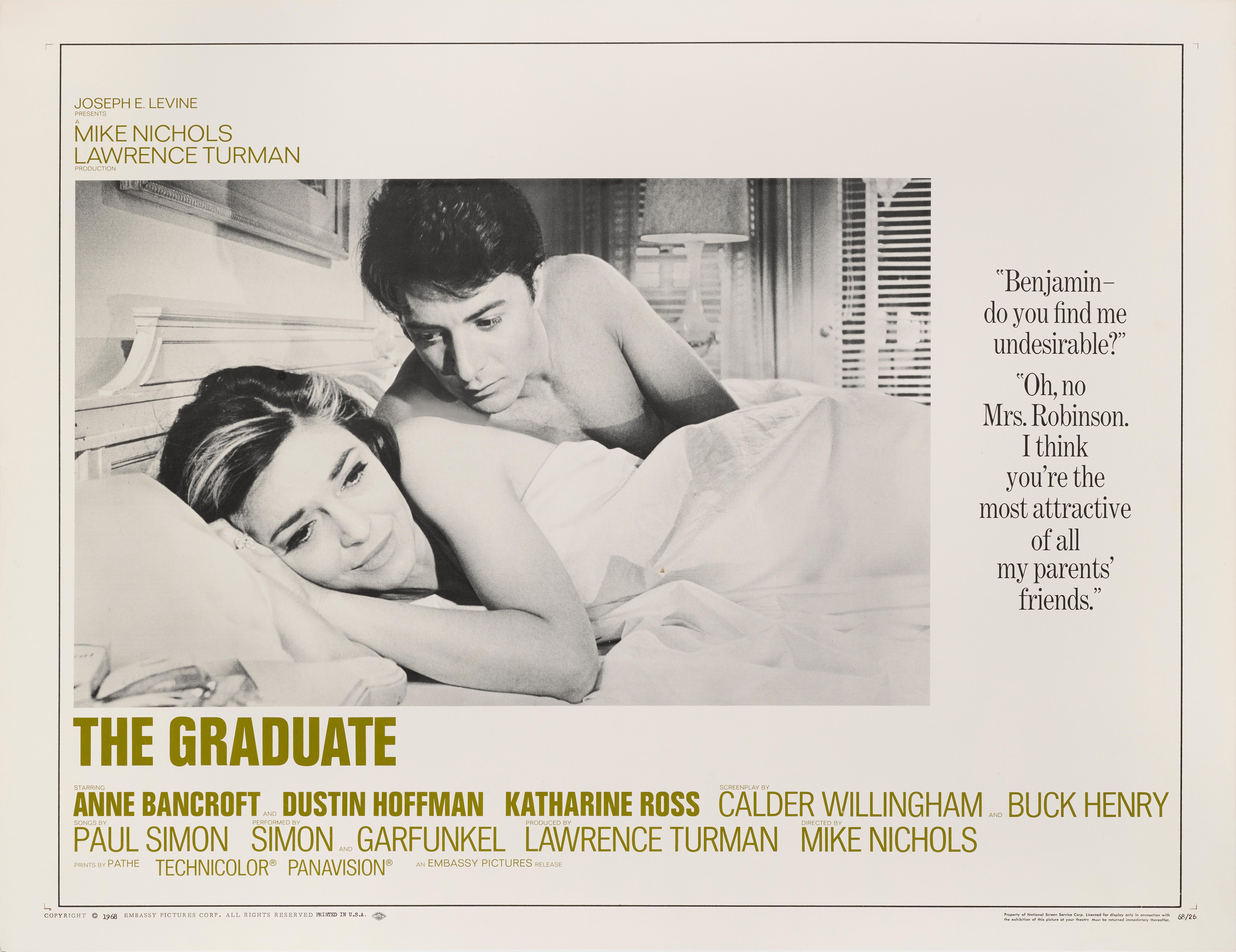 Original US film poster for Dustin Hoffman, Anne Bancroft, Katherine Ross's 1967 classic drama directed by Mike Nichols. This poster is from the original release before the film won an Oscar and then new posters were printed with the Oscar on.
This