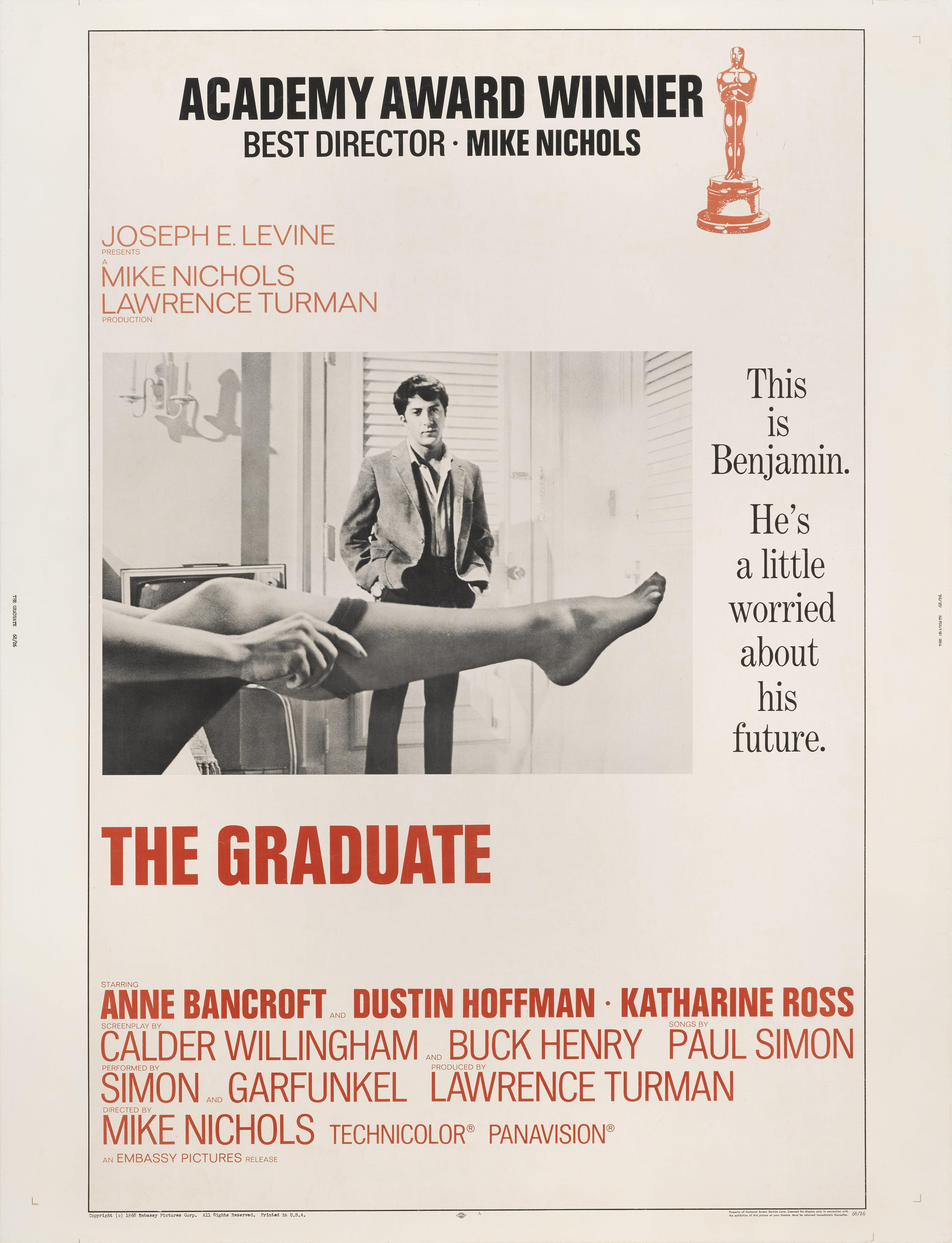 Cartel de cine original de EE.UU. para el drama clásico de 1967 de Dustin Hoffman, Anne Bancroft y Katherine Ross, dirigido por Mike Nichols. Este cartel es del estreno original, la película ganó un Oscar al mejor director y aún estaba en cartelera,