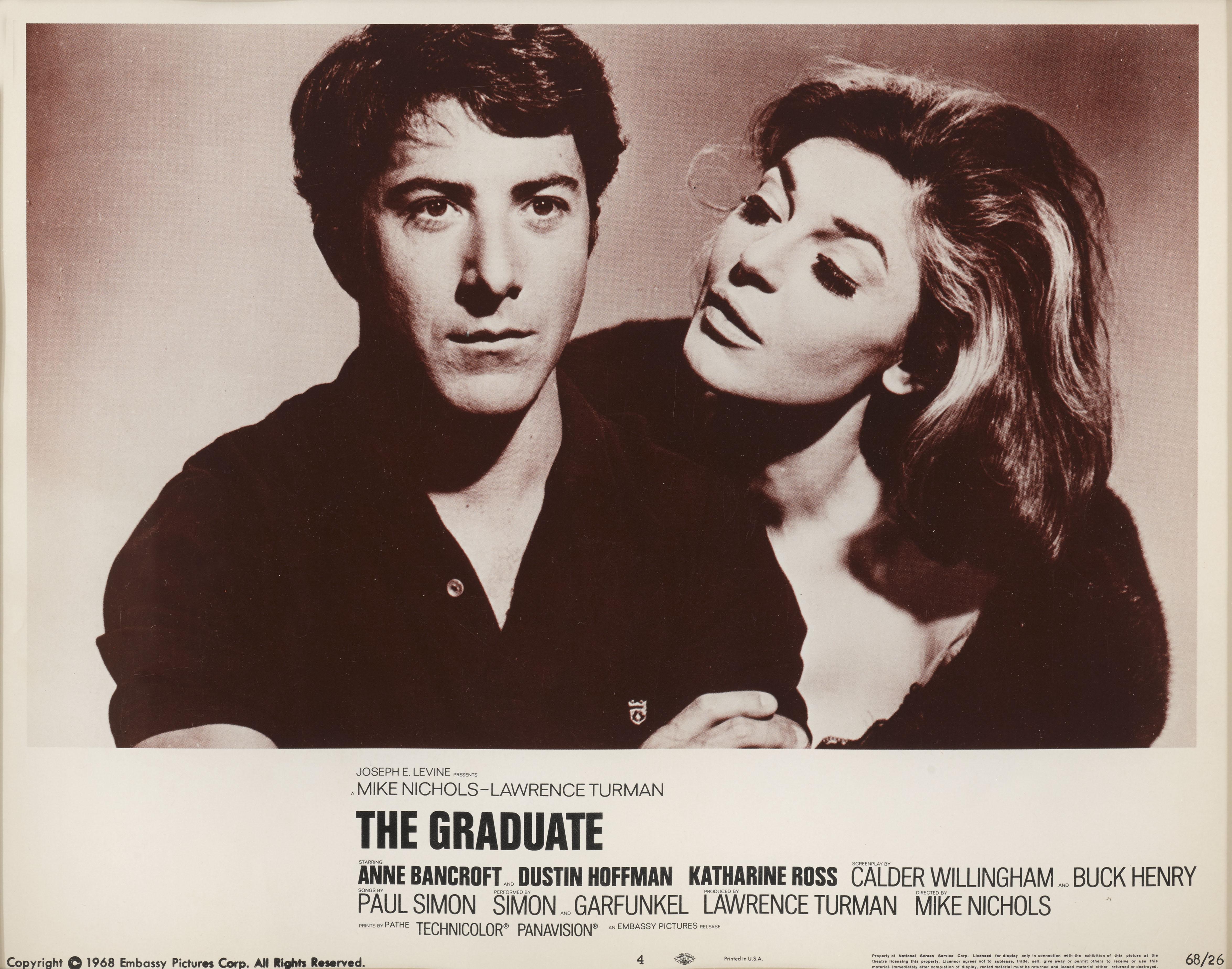 Original US framed lobby card number 4.
This classic 1967 drama starred Dustin Hoffman , Anne Bancroft and  Katherine Ross's and was directed by Mike Nichols. The size given is before framing the farmed size is 16 7/8 x 19 3/4 in. (42.8 x 50.1 cm)