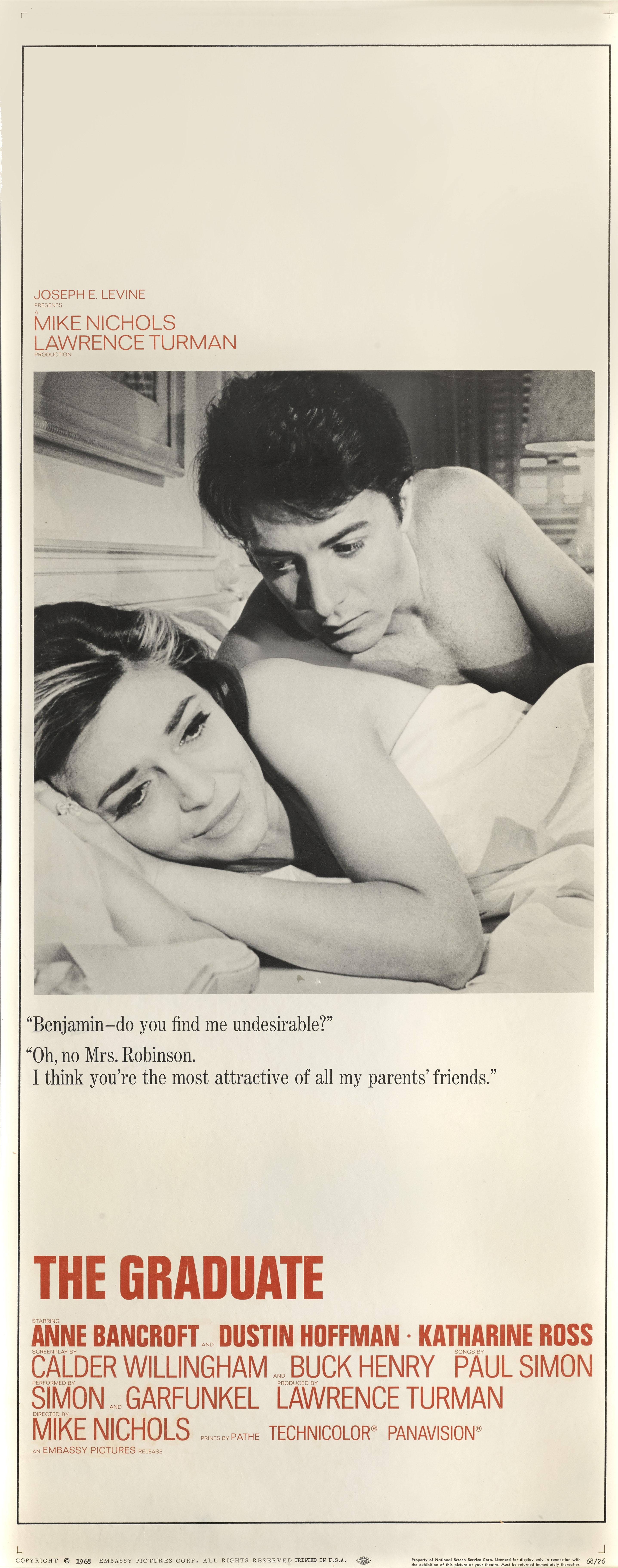 Locandina originale americana del classico film drammatico del 1967 con Dustin Hoffman , Anne Bancroft e  Di Katherine Ross. Questo film è stato diretto da Mike Nichols. Il formato indicato è prima dell'incorniciatura, mentre il formato coltivato è