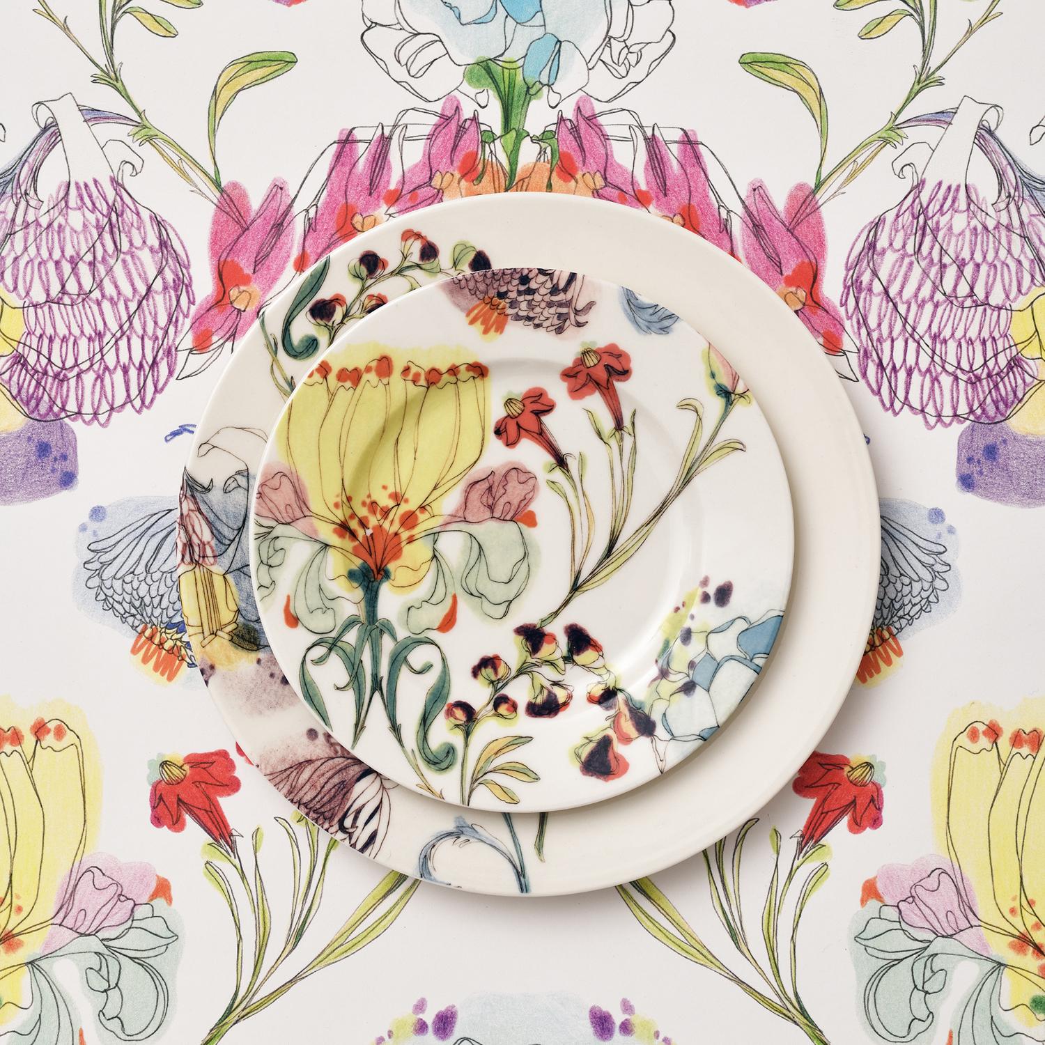 Italian The Grandma's Garden, Contemporary Porcelain Bread Plates Set with Floral Design For Sale