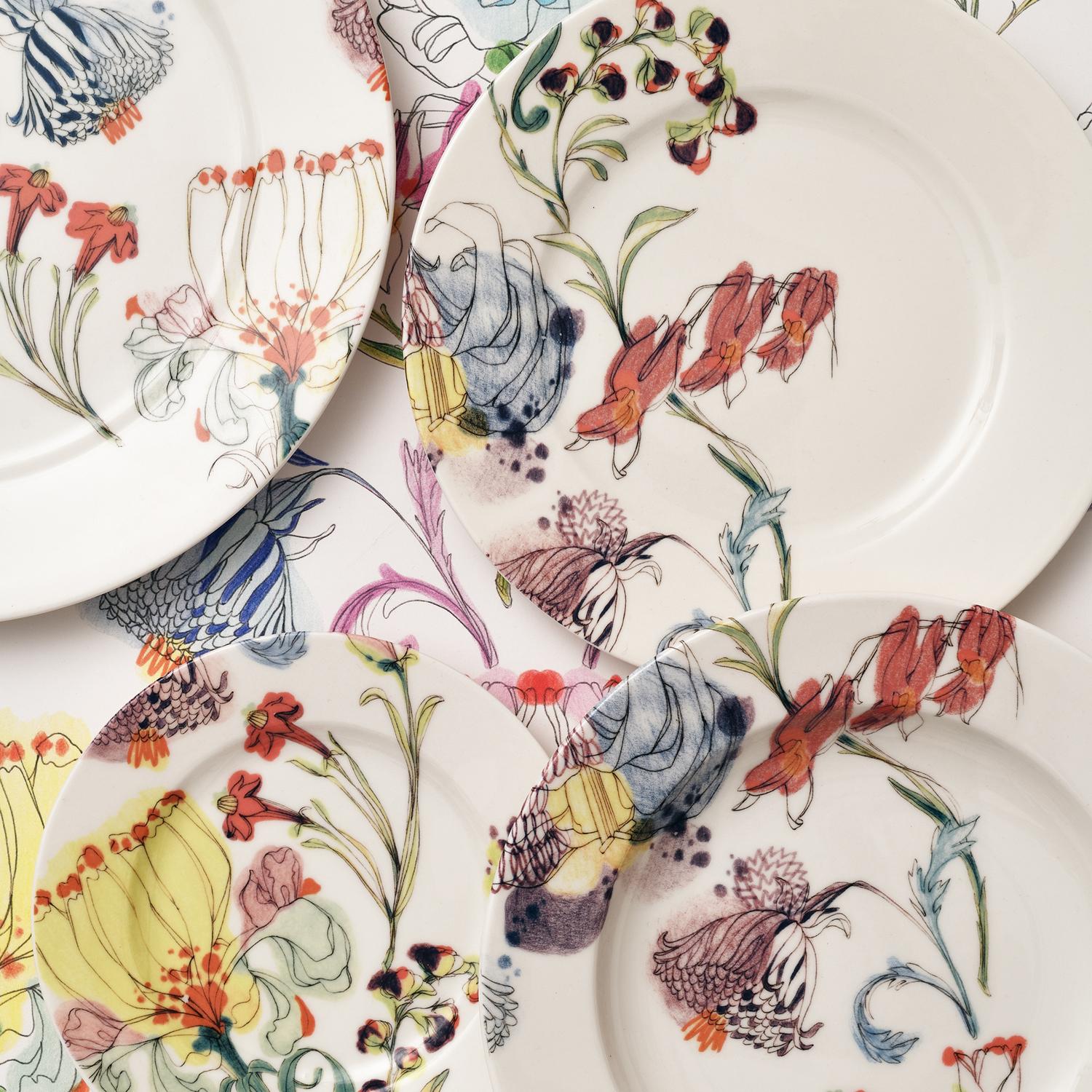 The Grandma's Garden, Contemporary Porcelain Bread Plates Set with Floral Design For Sale 1