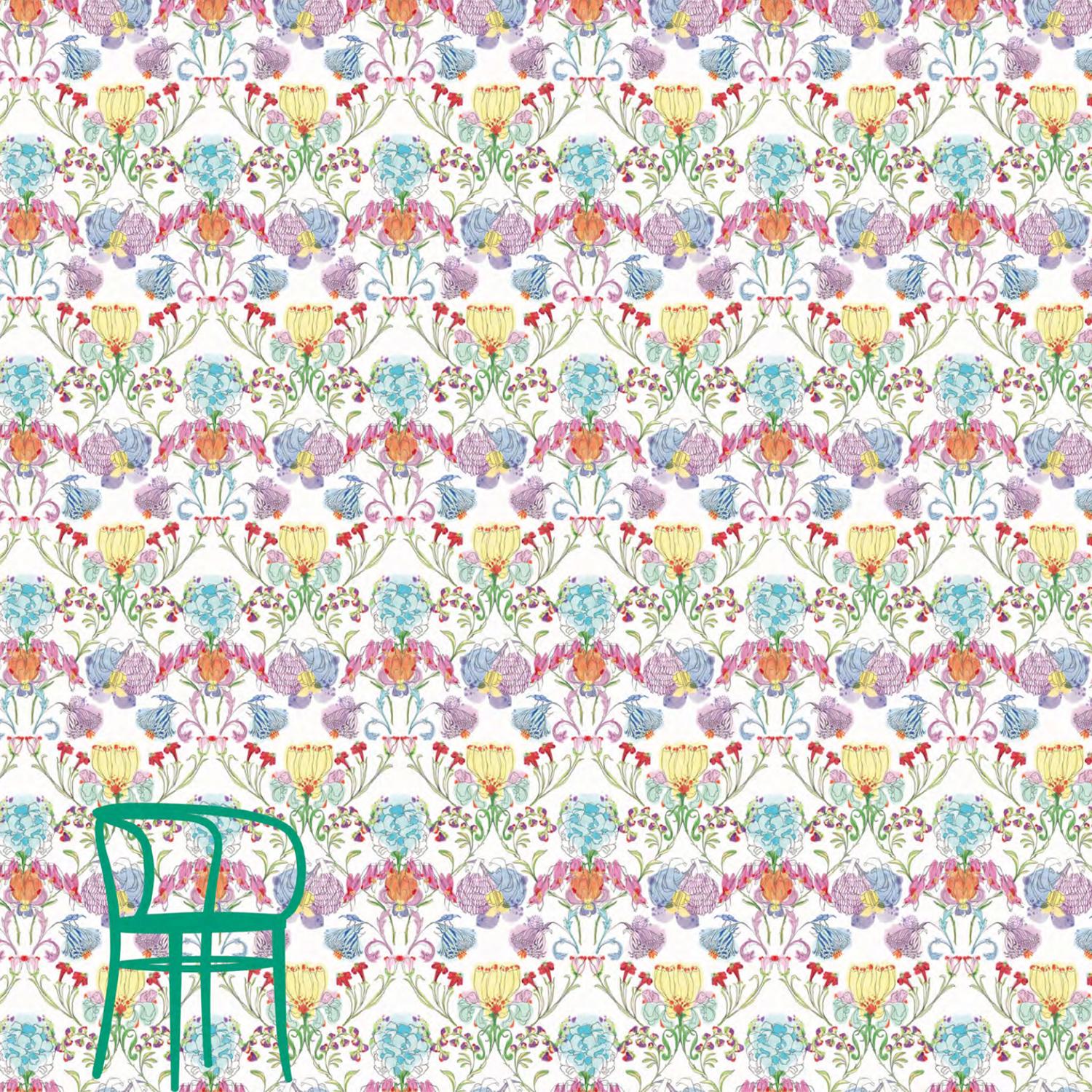 The Grandma's Garden wall covering is realized on a soft touch tnt base and it is a contemporary reinterpretation of a classic ornamental design. Characterized by light and bright colors, it represents spring gardens in full bloom with buds, petals