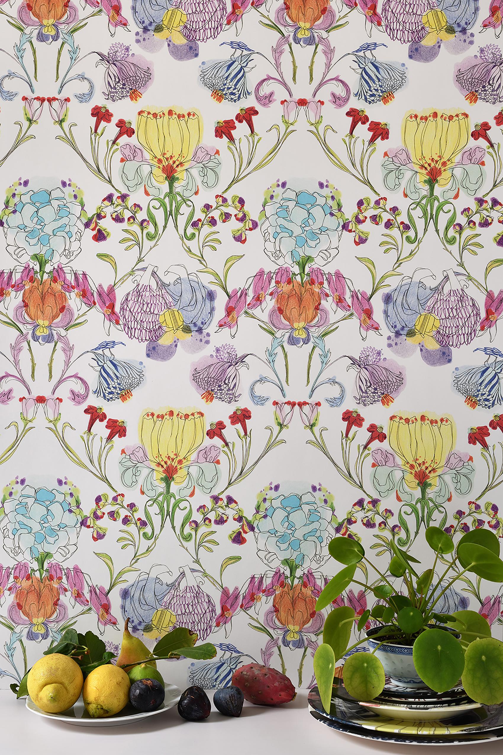 Italian The Grandma's Garden Multicolor Contemporary Floral Wall Coverings For Sale