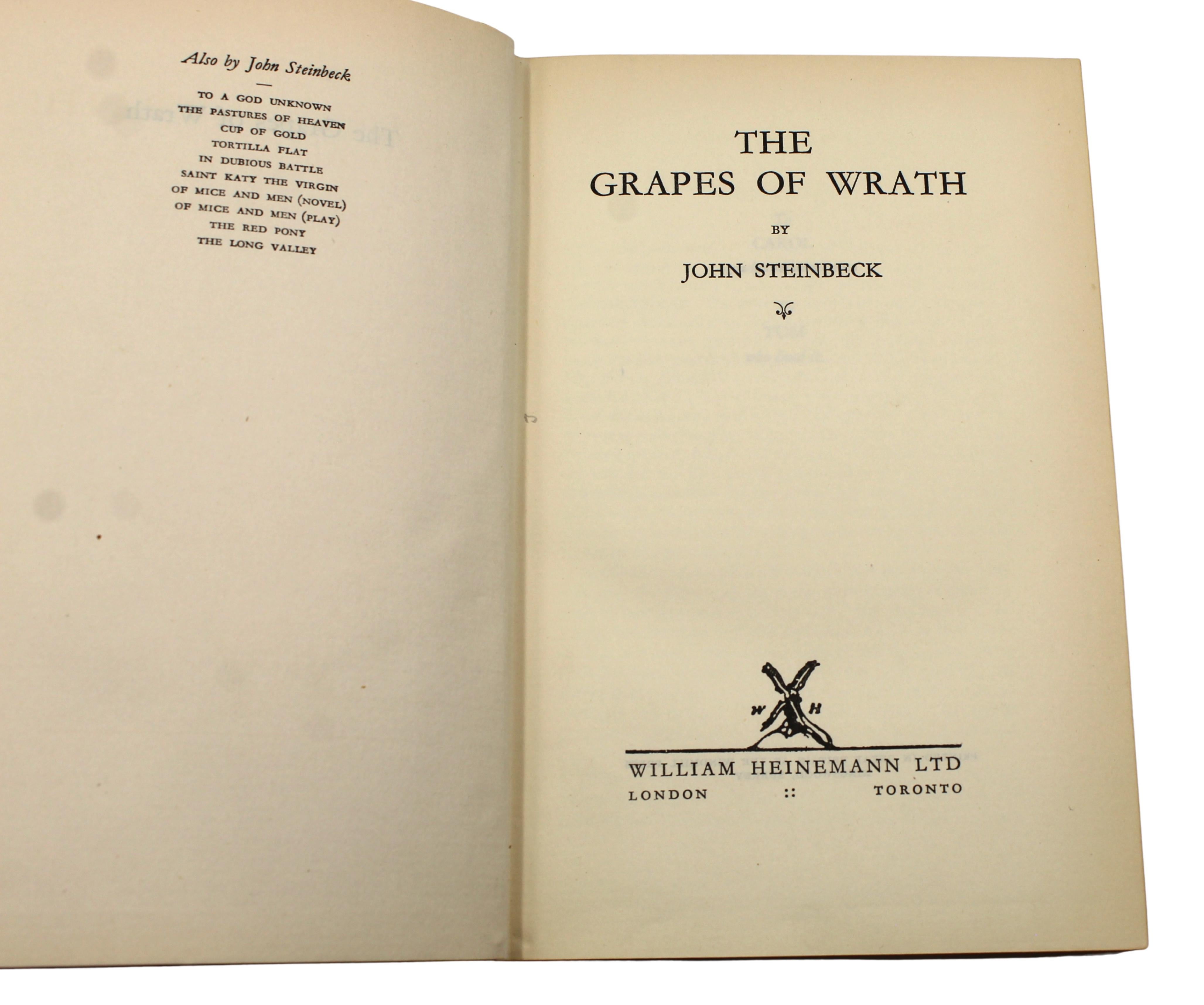 Tissu The Grapes of Wrath by John Steinbeck, First UK Edition, 1939 en vente
