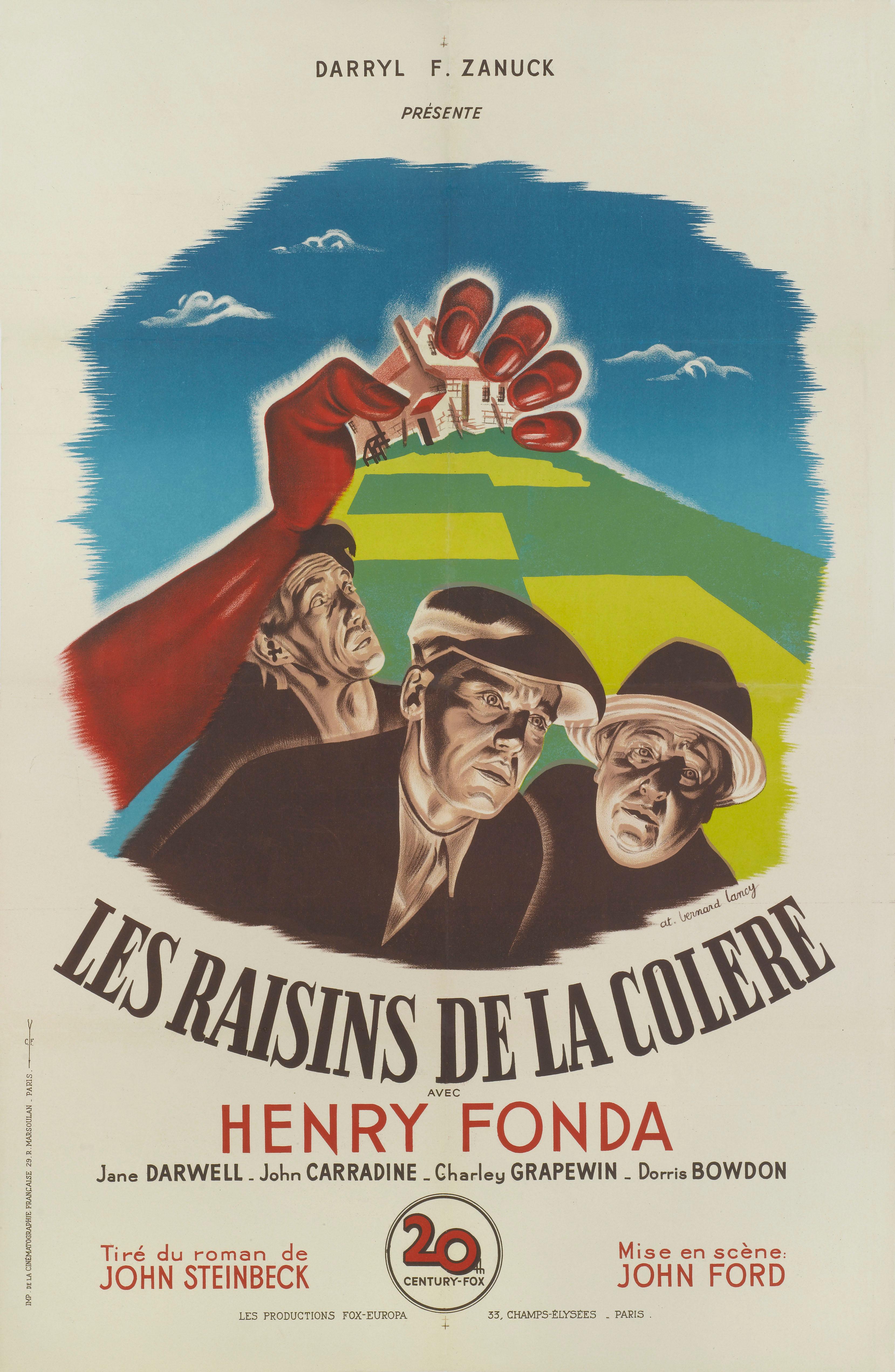 Affiche française originale du chef-d'œuvre de 1940 réalisé par John Ford avec Henry Fonda, John Carradine et Jane Darwell.
L'illustration saisissante est due à Bernard Lancy (1892-1964) et a été utilisée pour la première sortie française du film