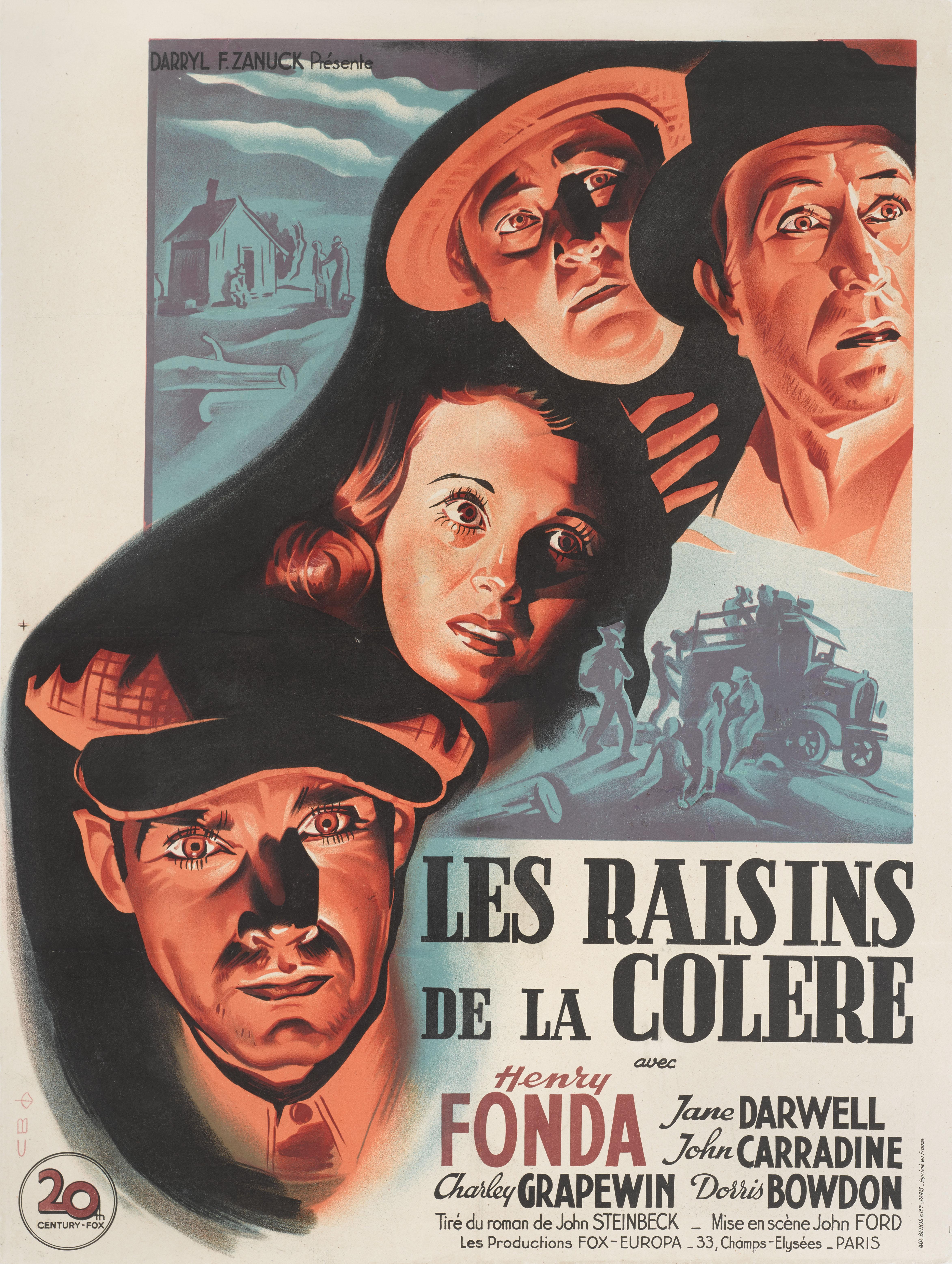 Locandina originale del film francese del 1940 diretto da John Ford e interpretato da John Fonda, John Carradine e Jane Darwell.
L'impressionante grafica è di Bernard Lancy (1892-1964) ed è stata utilizzata per la prima uscita del film in Francia