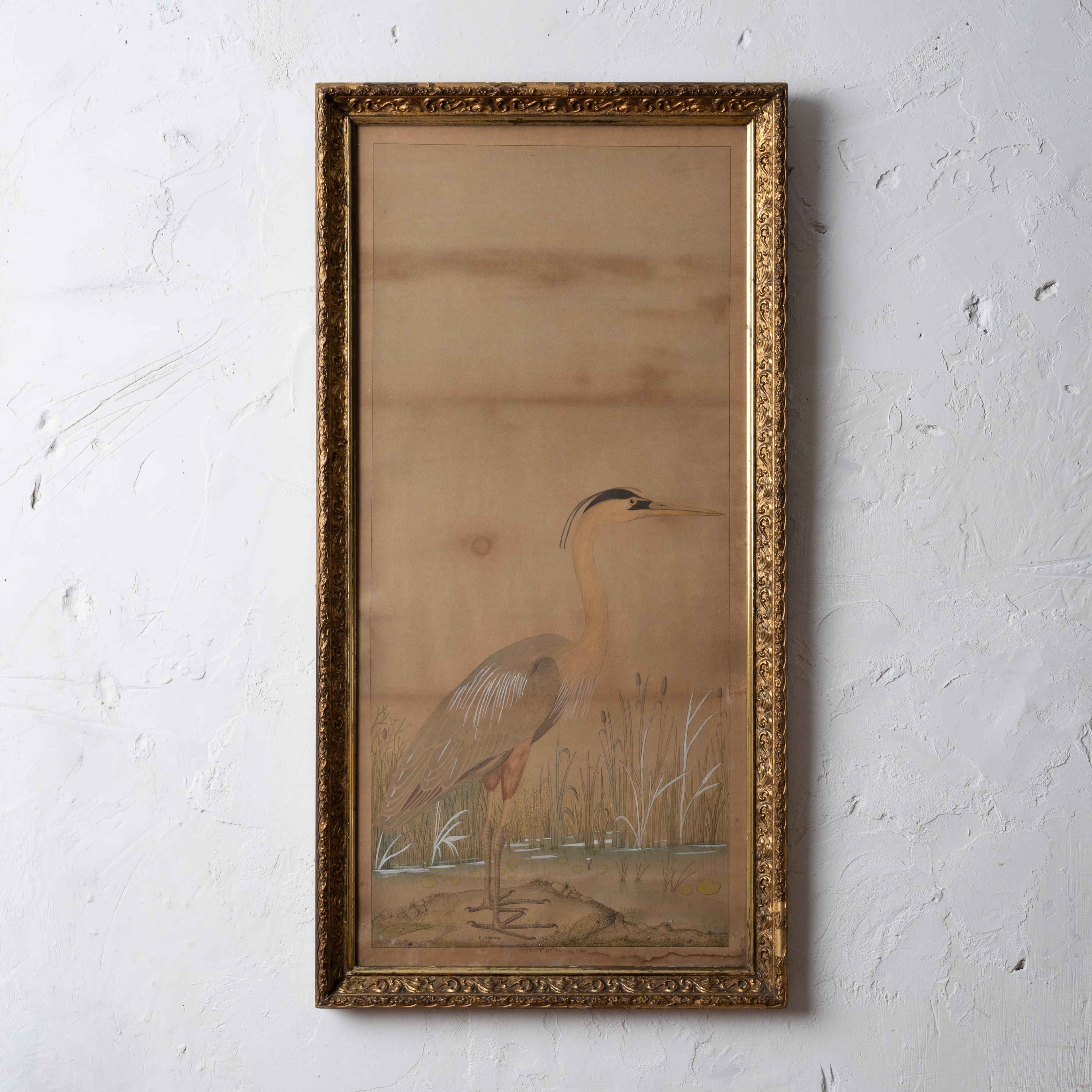 A japonisme watercolor painting entitled “The Great Blue Heron,” circa 1890s.
Signed: C. Honsberg.

sight: 16 ½ by 35 ½ inches
frame: 20 by 39 inches

