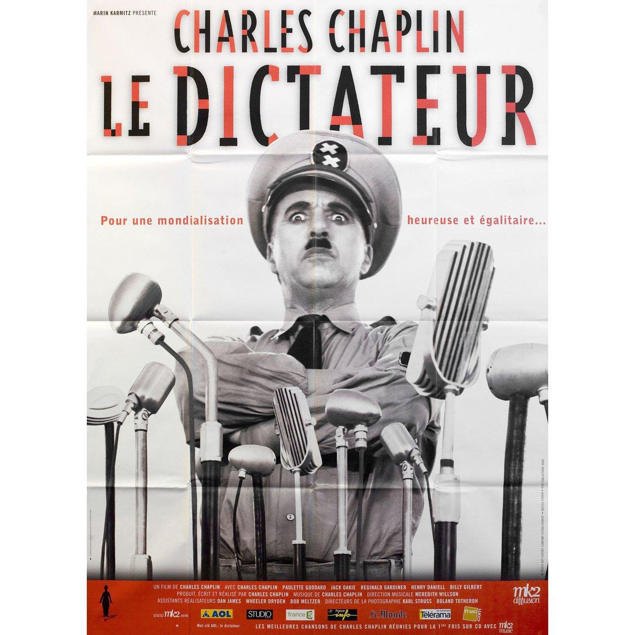 Original 2002 re-release French grande poster for the 1940 film 'The Great Dictator' directed by Charles Chaplin with Charles Chaplin / Jack Oakie / Reginald Gardiner / Henry Daniell. Fine condition, folded. Many original posters were issued folded