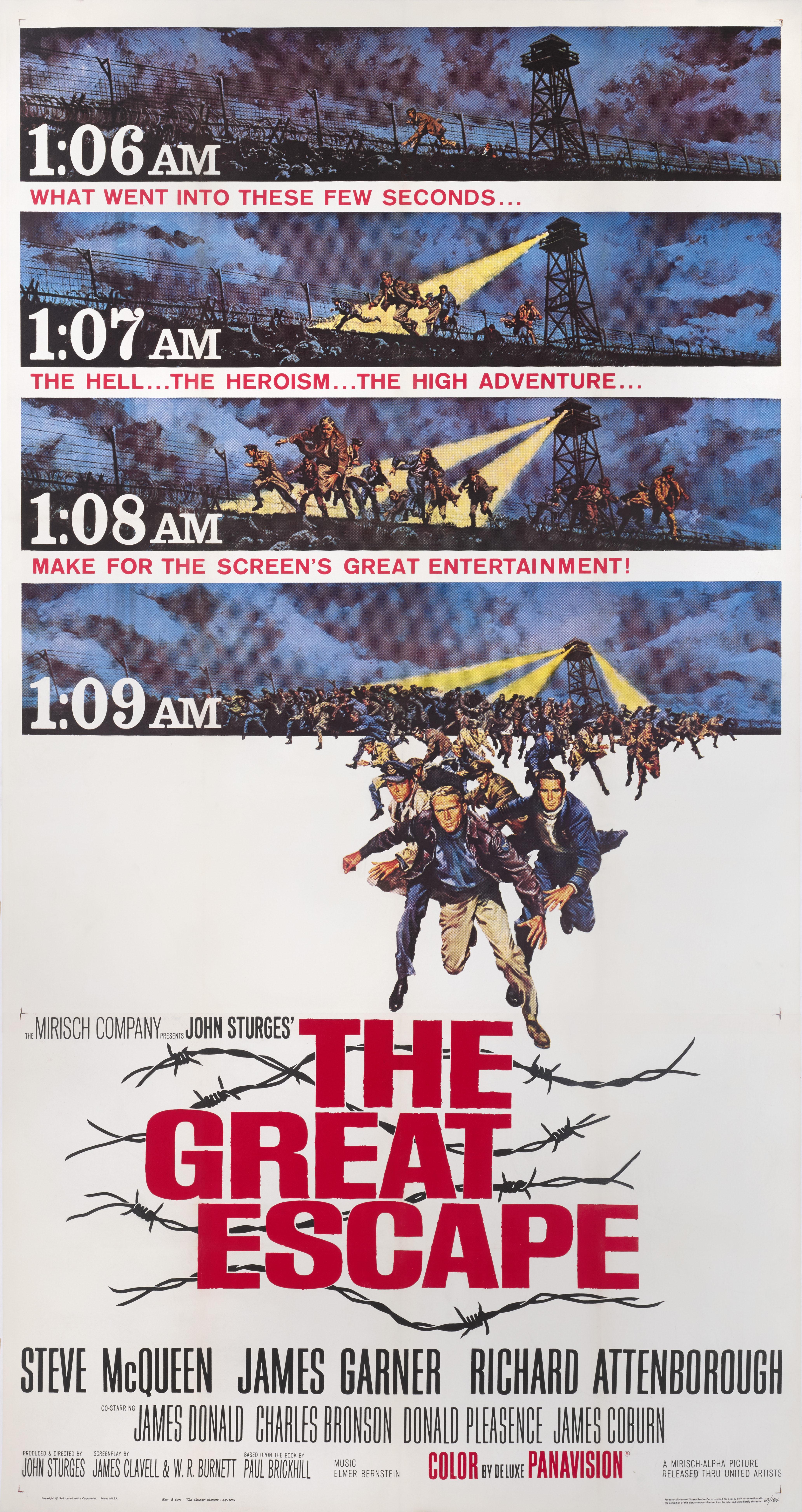 Affiche originale du film de John Sturges (1963) avec Steve McQueen, James Coburn, James Garner, Richard Attenborough. Cette affiche a été imprimée en deux feuilles et conçue pour être collée sur des panneaux d'affichage.  Par conséquent, seuls des