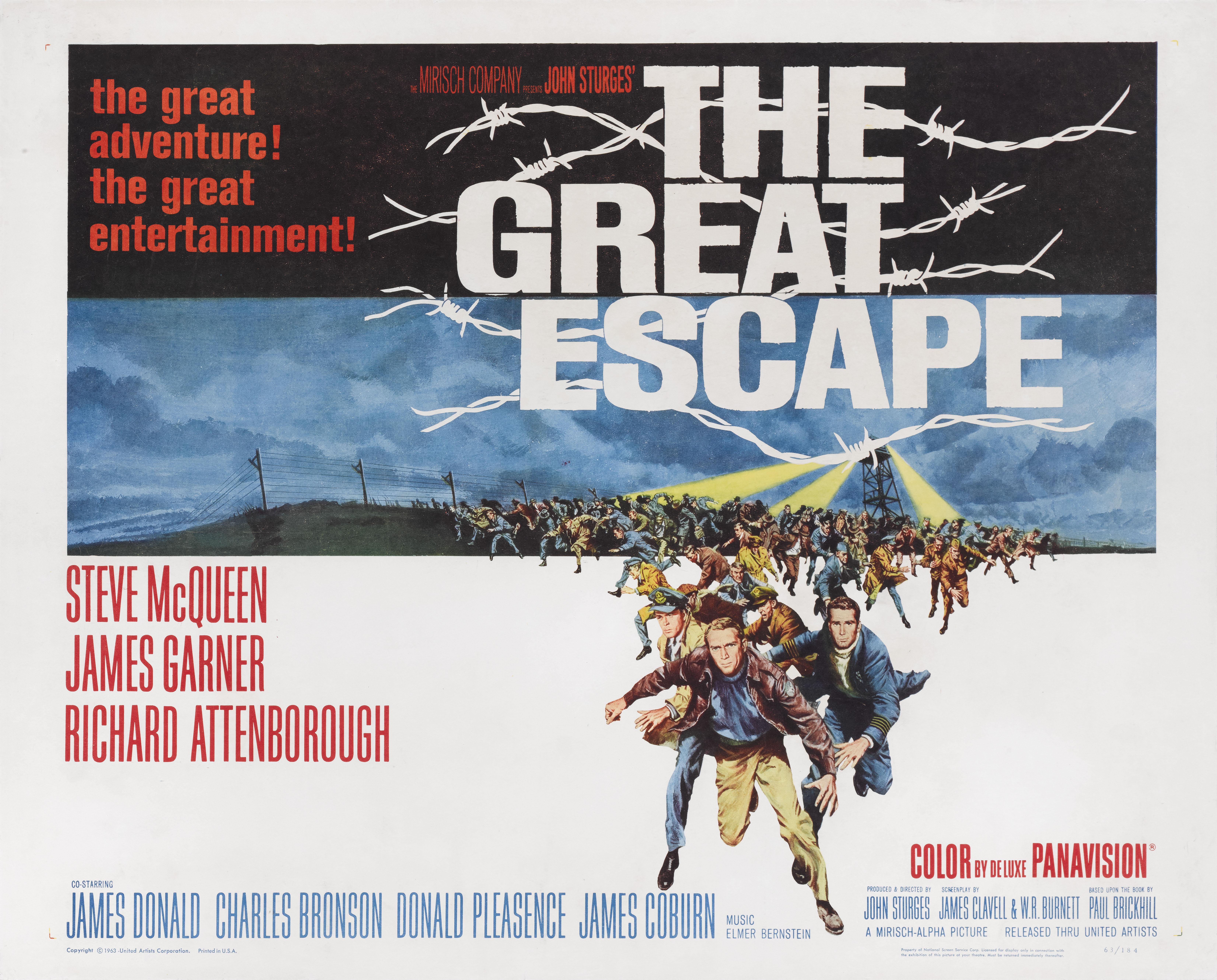 Original US-Filmplakat für John Sturges klassisches Kriegsabenteuer von 1963 mit Steve McQueen, James Coburn, James Garner und Richard Attenborough in den Hauptrollen. Es wurden weit weniger Plakate dieser Größe gedruckt, da sie auf schwererem